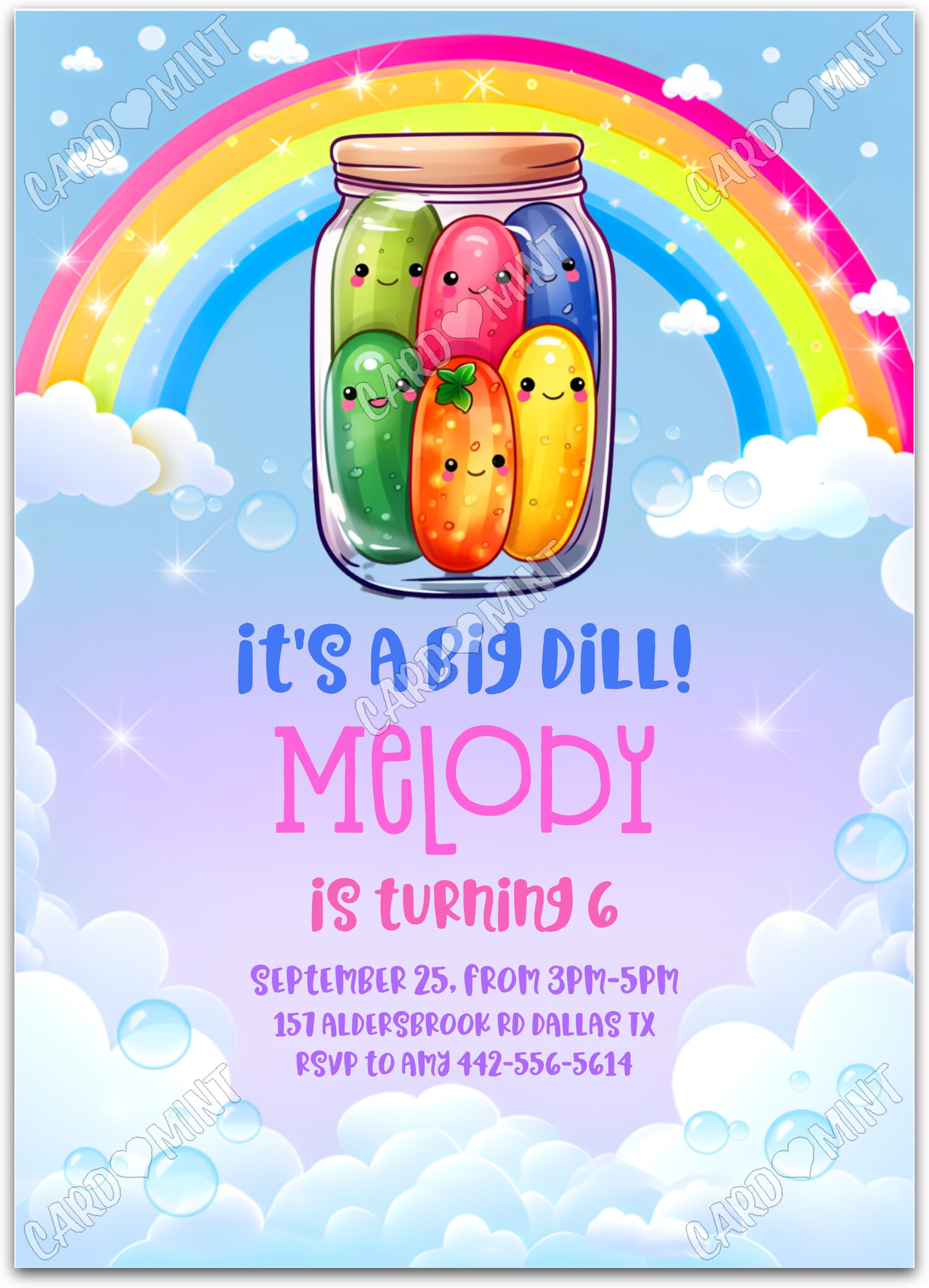 Editable It's a Big Dill rainbow dill pickles girl Birthday Party 5"x7" Invitation EV1099