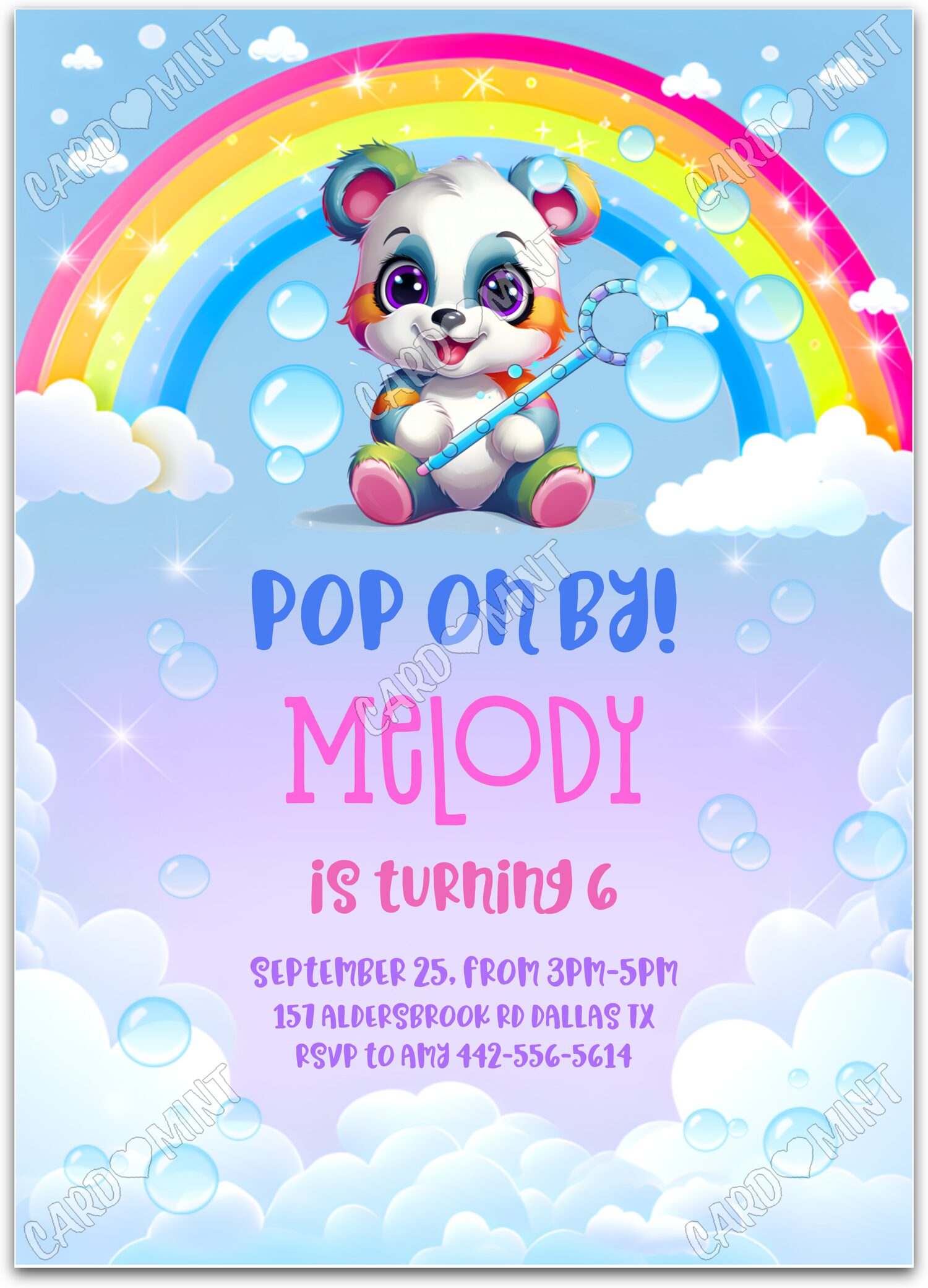 Editable Pop on By rainbow panda girl Birthday Party 5"x7" Invitation EV1100