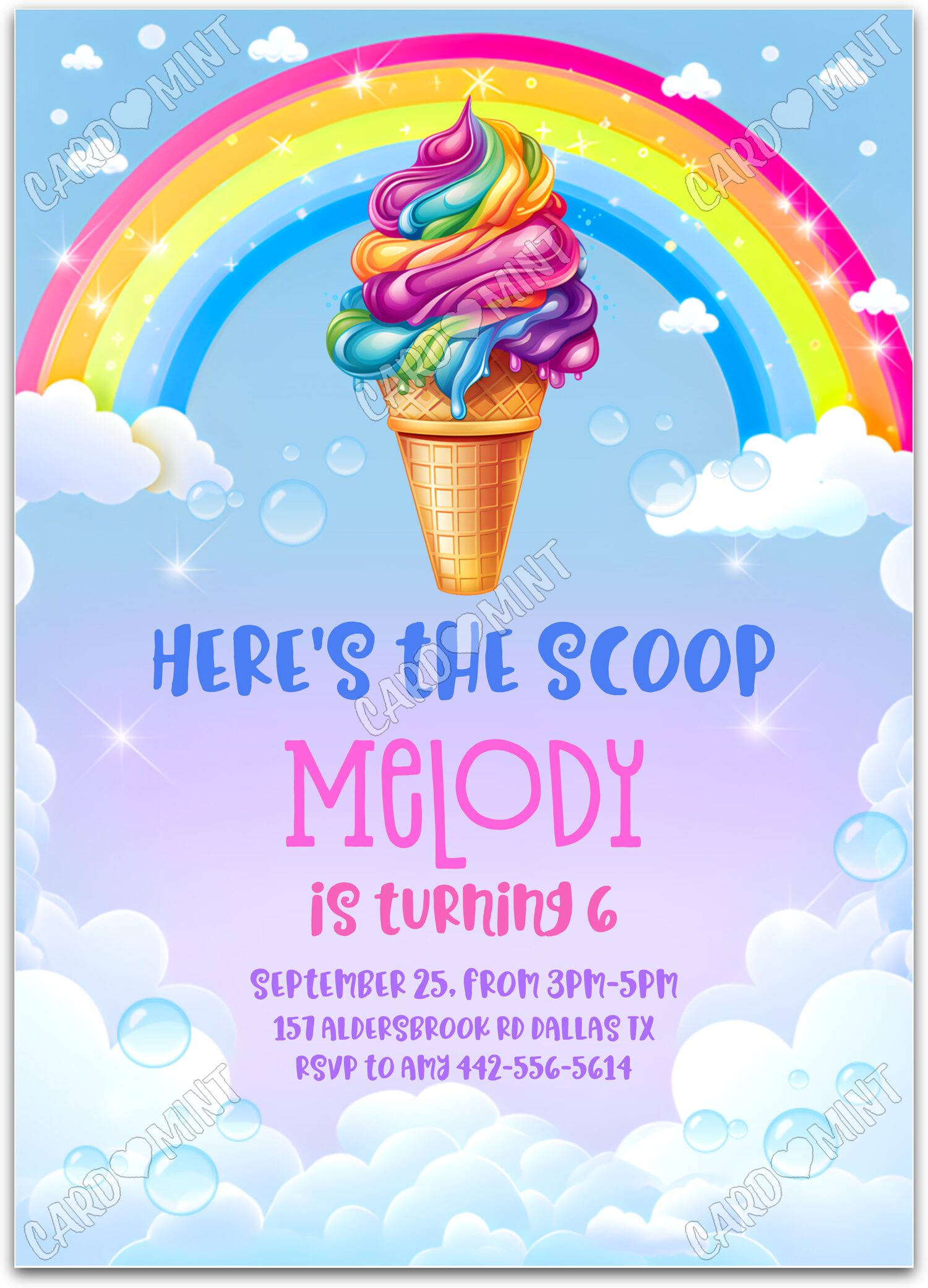 Editable Here’s the Scoop rainbow ice cream cone girl Birthday Party 5"x7" Invitation EV1101