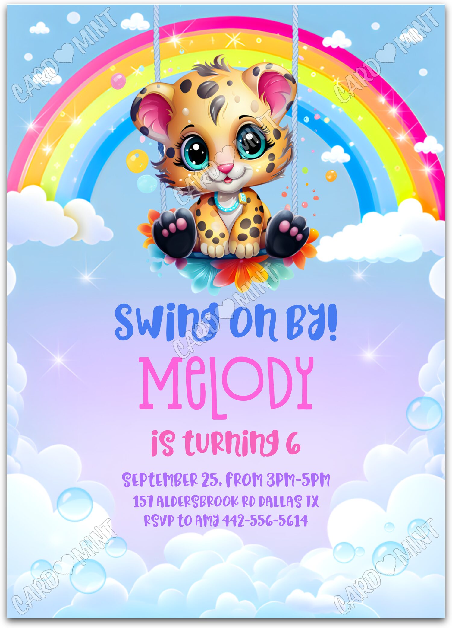 Editable Swing on By rainbow kitten on swing girl Birthday Party 5"x7" Invitation EV1102