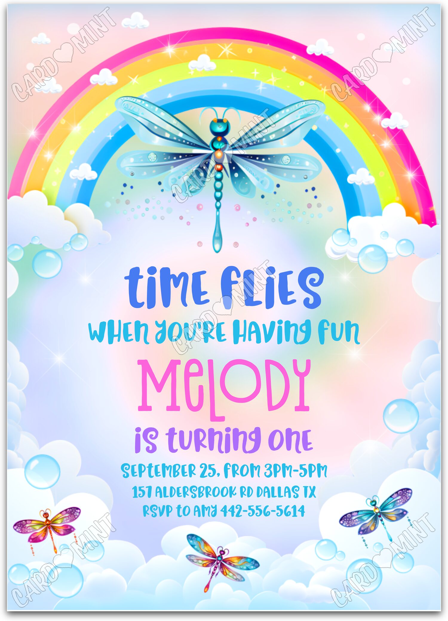 Editable Time Flies rainbow dragonfly girl Birthday Party 5"x7" Invitation EV1104