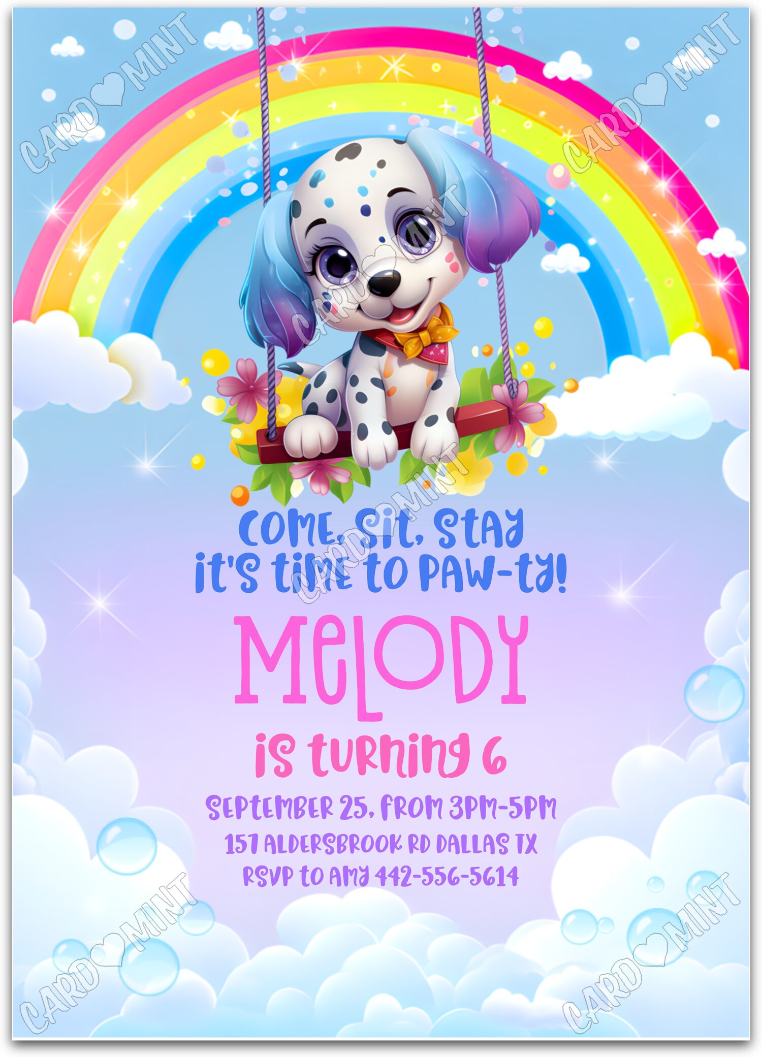 Editable Time to Paw-ty rainbow puppy on swing girl Birthday Party 5"x7" Invitation EV1112