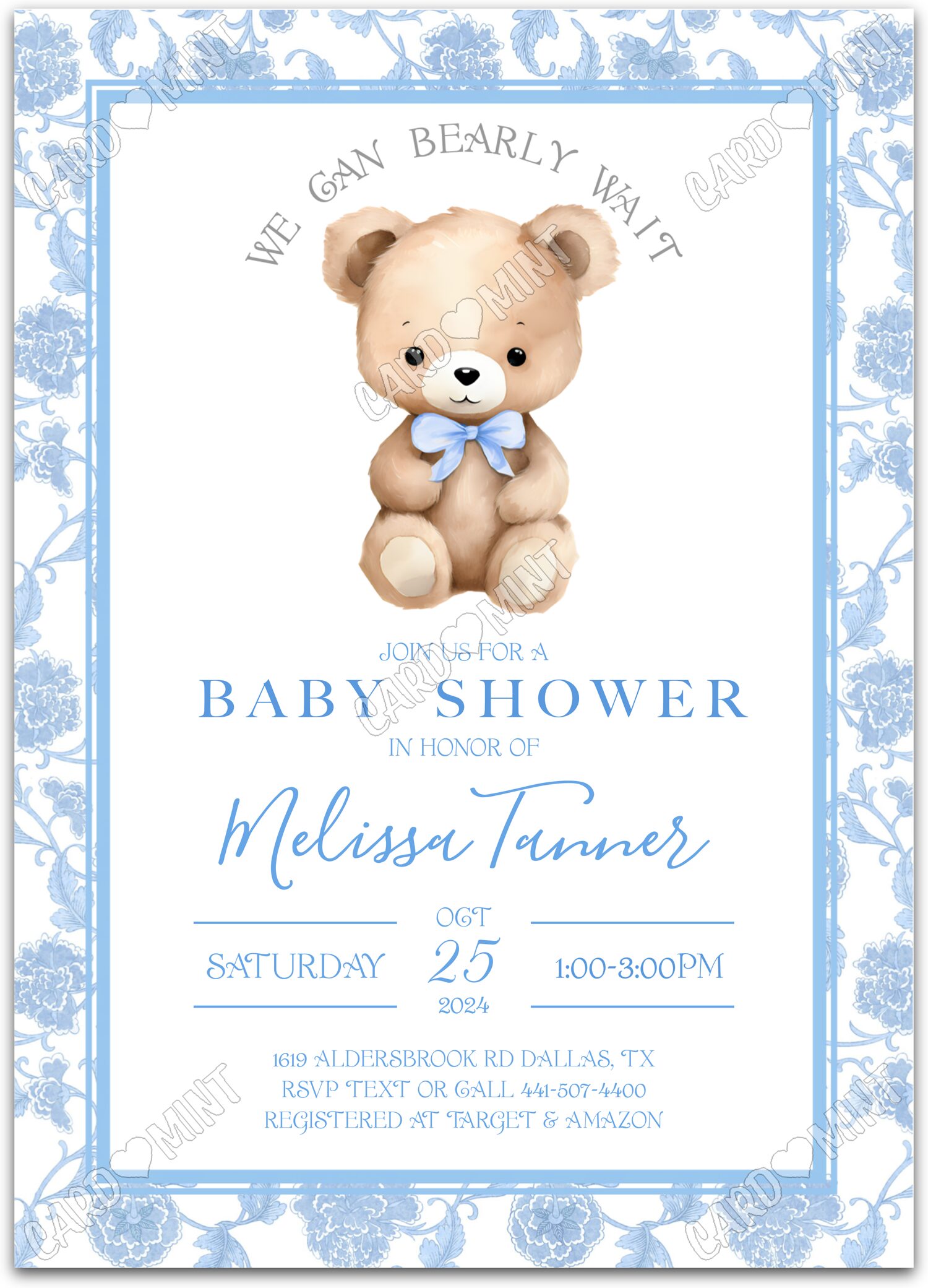 Editable Bearly Wait blue teddy bear & bow tie boy Baby Shower 5"x7" Invitation EV1124