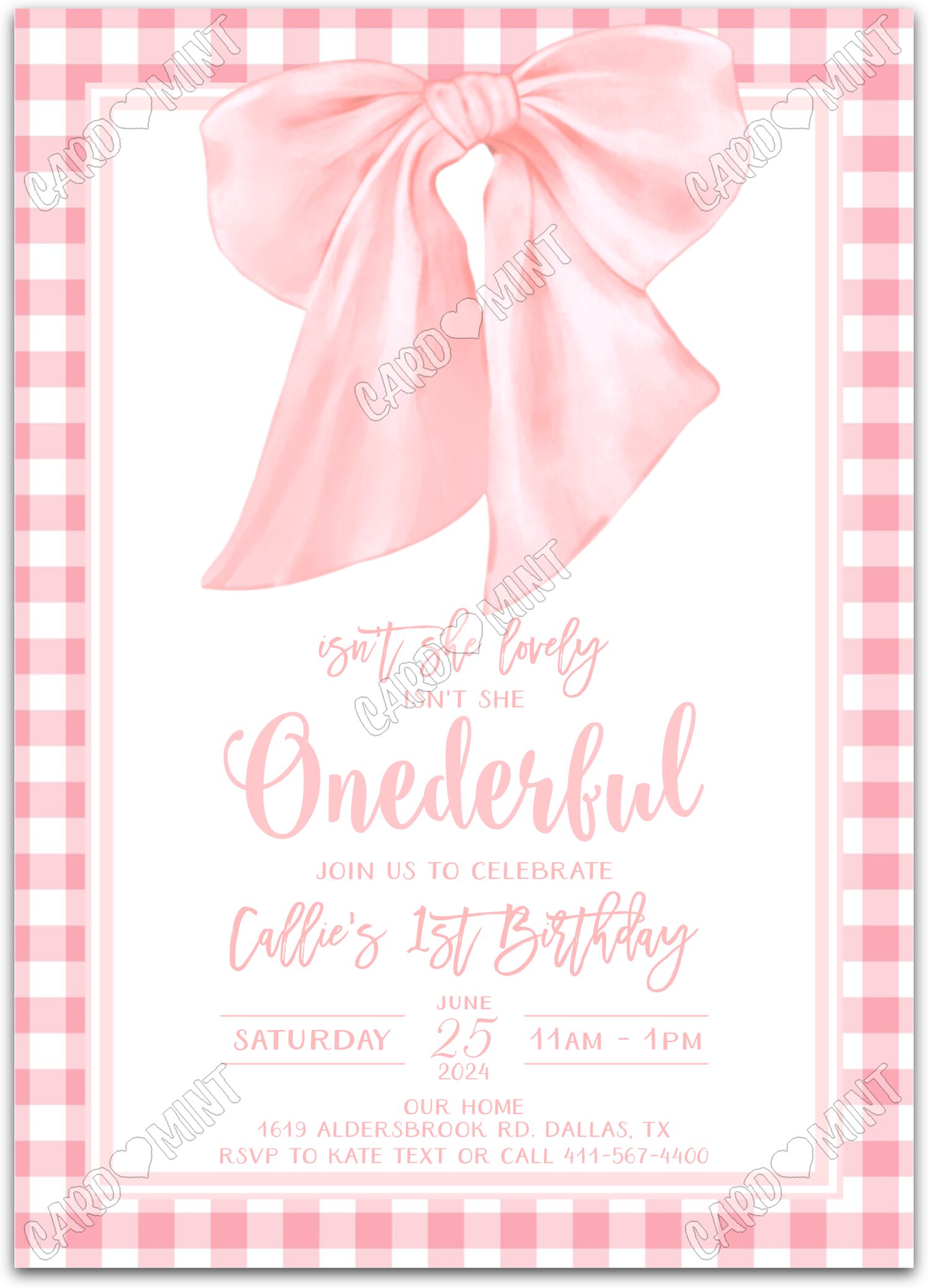 Editable Isn't She Onederful pink bow girl First Birthday Party 5"x7" Invitation EV1126