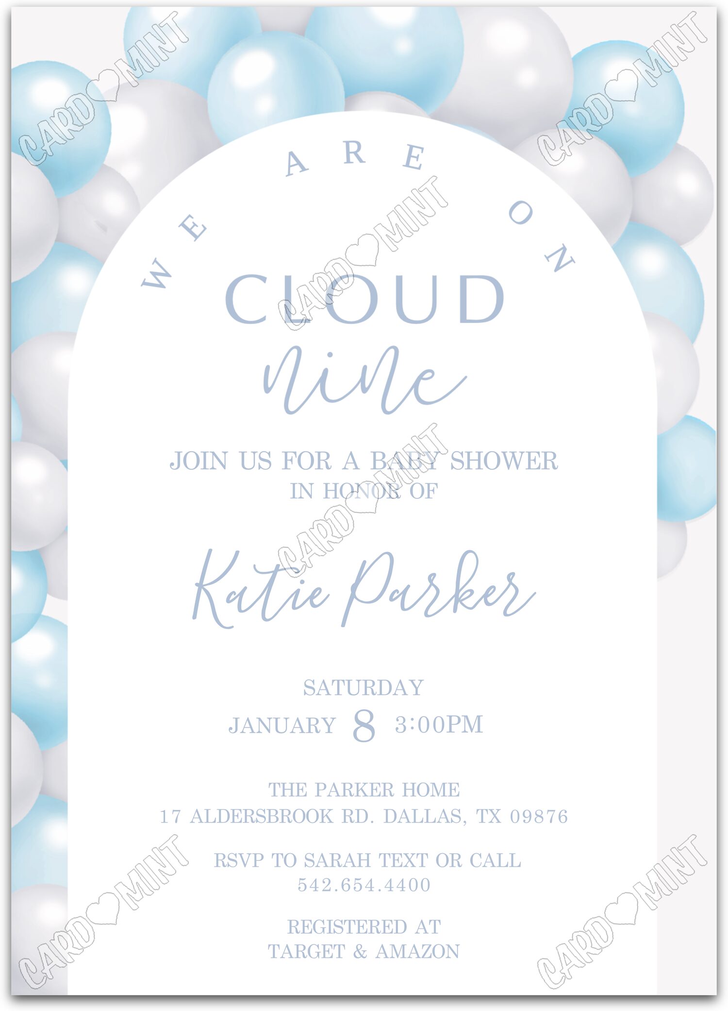 Editable We Are On Cloud Nine blue balloons boy Baby Shower 5"x7" Invitation EV1128