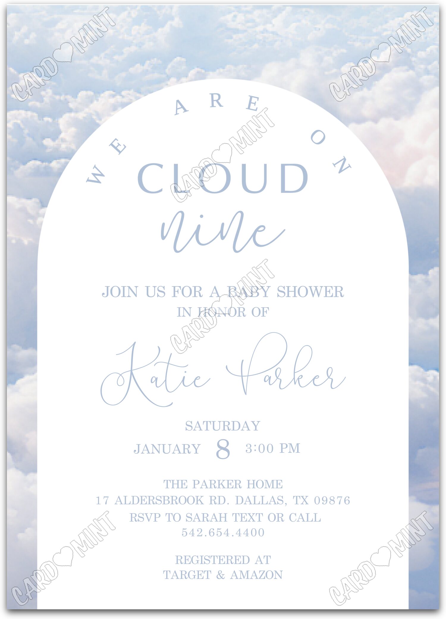 Editable We Are On Cloud Nine blue clouds boy Baby Shower 5"x7" Invitation EV1129