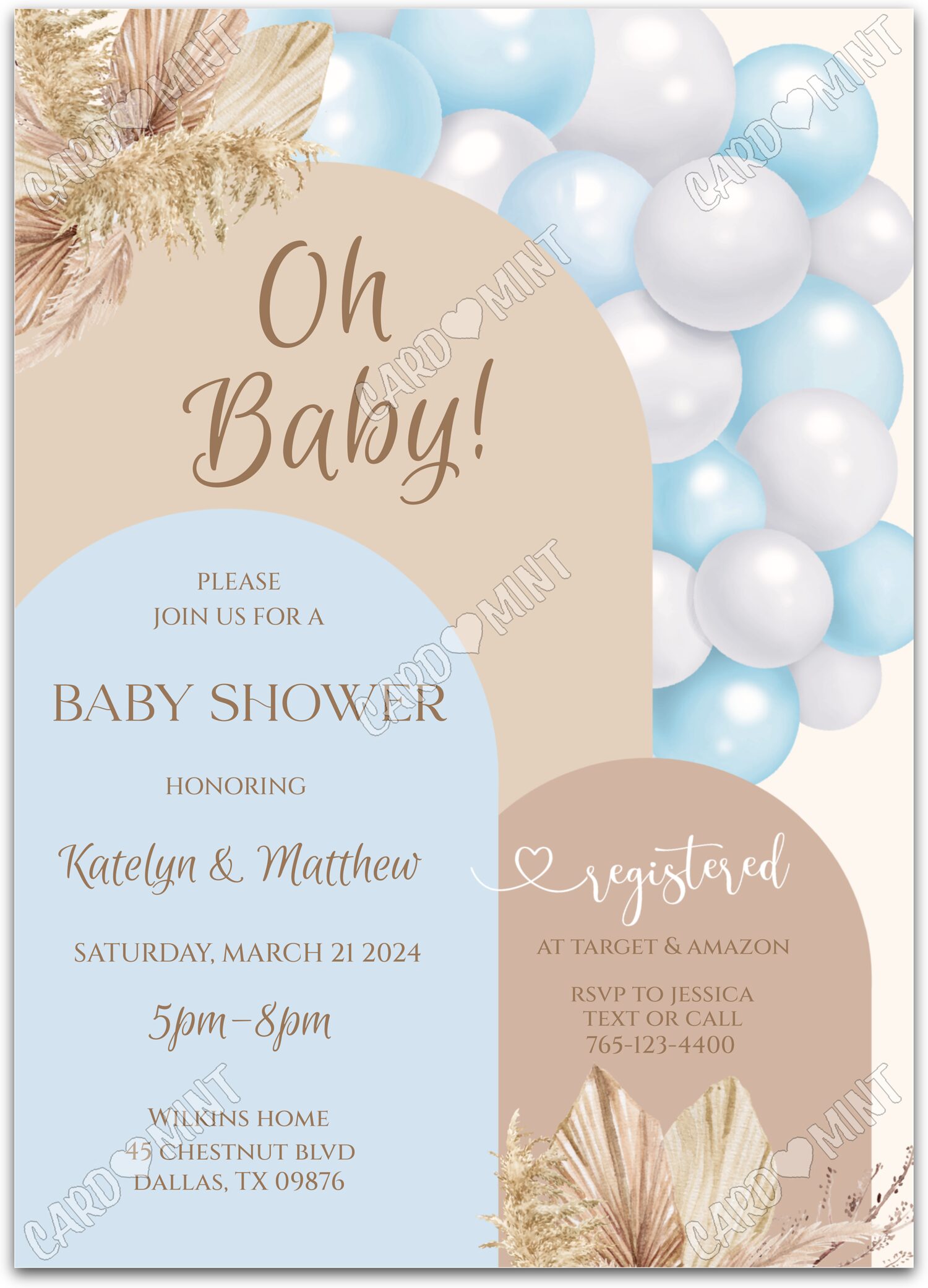 Editable Oh Baby blue/tan balloons boy Baby Shower 5"x7" Invitation EV1130