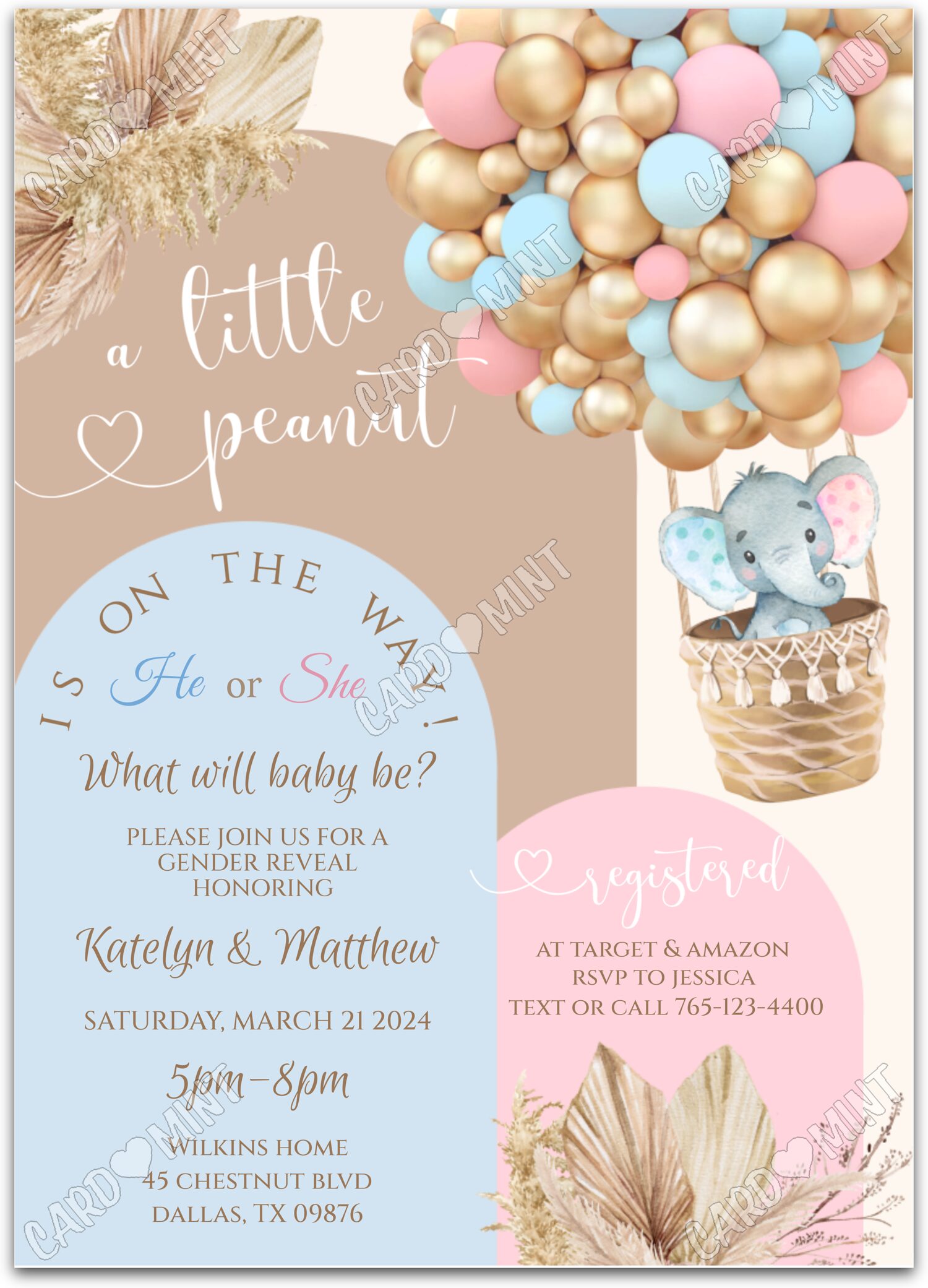 Editable A Little Peanut pink/blue elephant and hot air balloons Gender Reveal 5"x7" Invitation EV1131