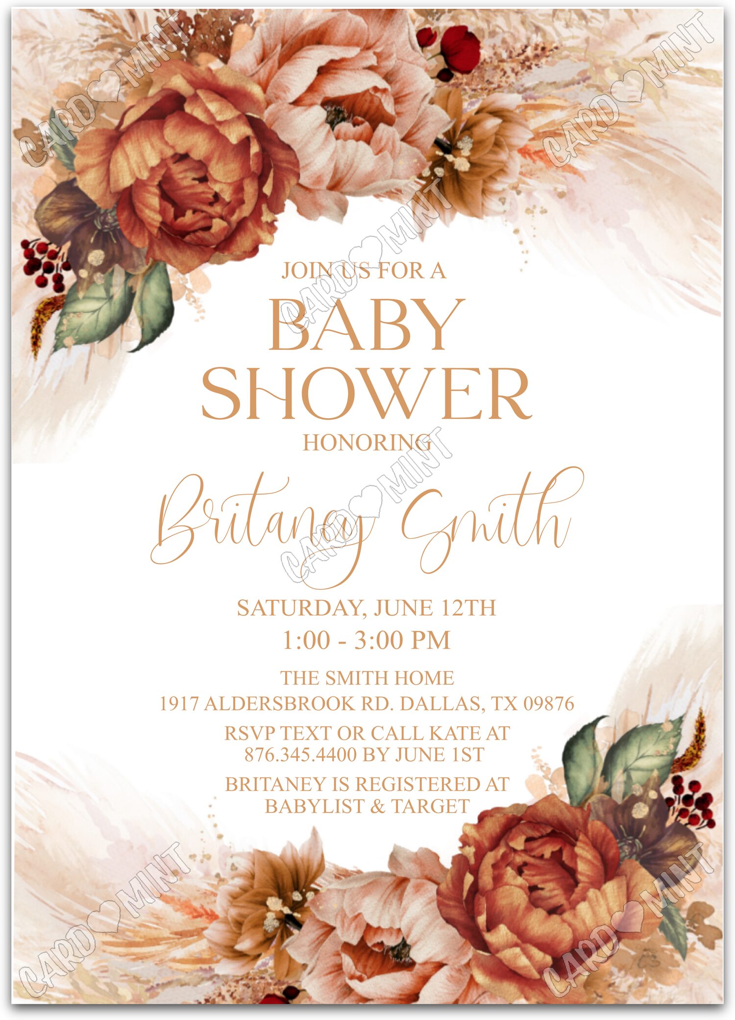 Editable Floral Blooms brown flowers neutral Baby Shower 5"x7" Invitation EV1134