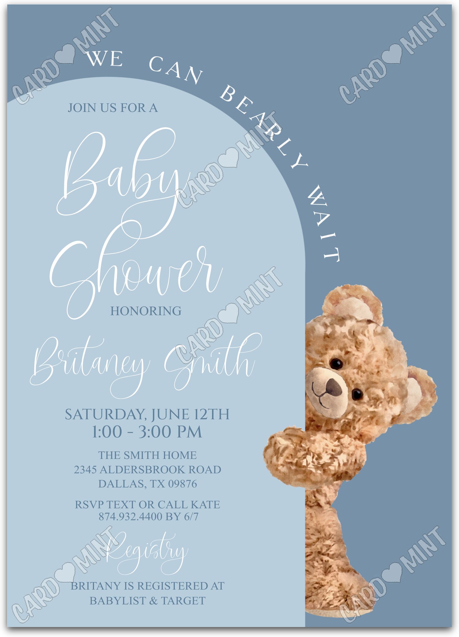 Editable Bearly Wait blue peek-a-boo teddy bear boy Baby Shower 5"x7" Invitation EV1136