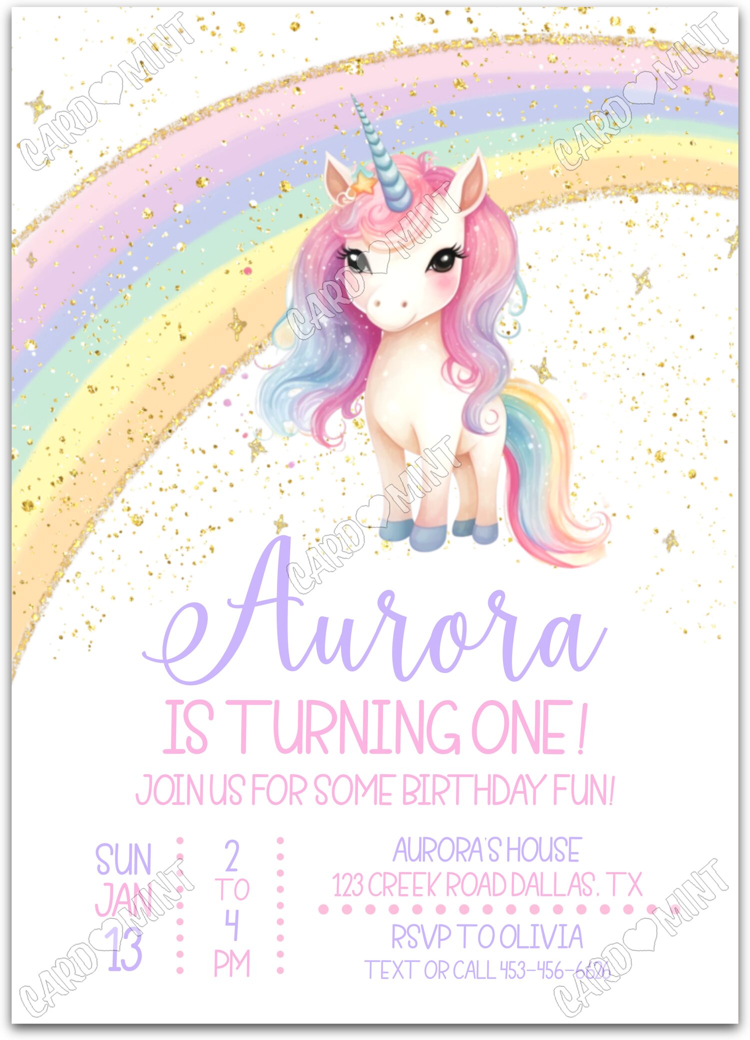 Editable Join Us For Some Fun rainbow unicorn girl Birthday Party 5"x7" Invitation EV1139