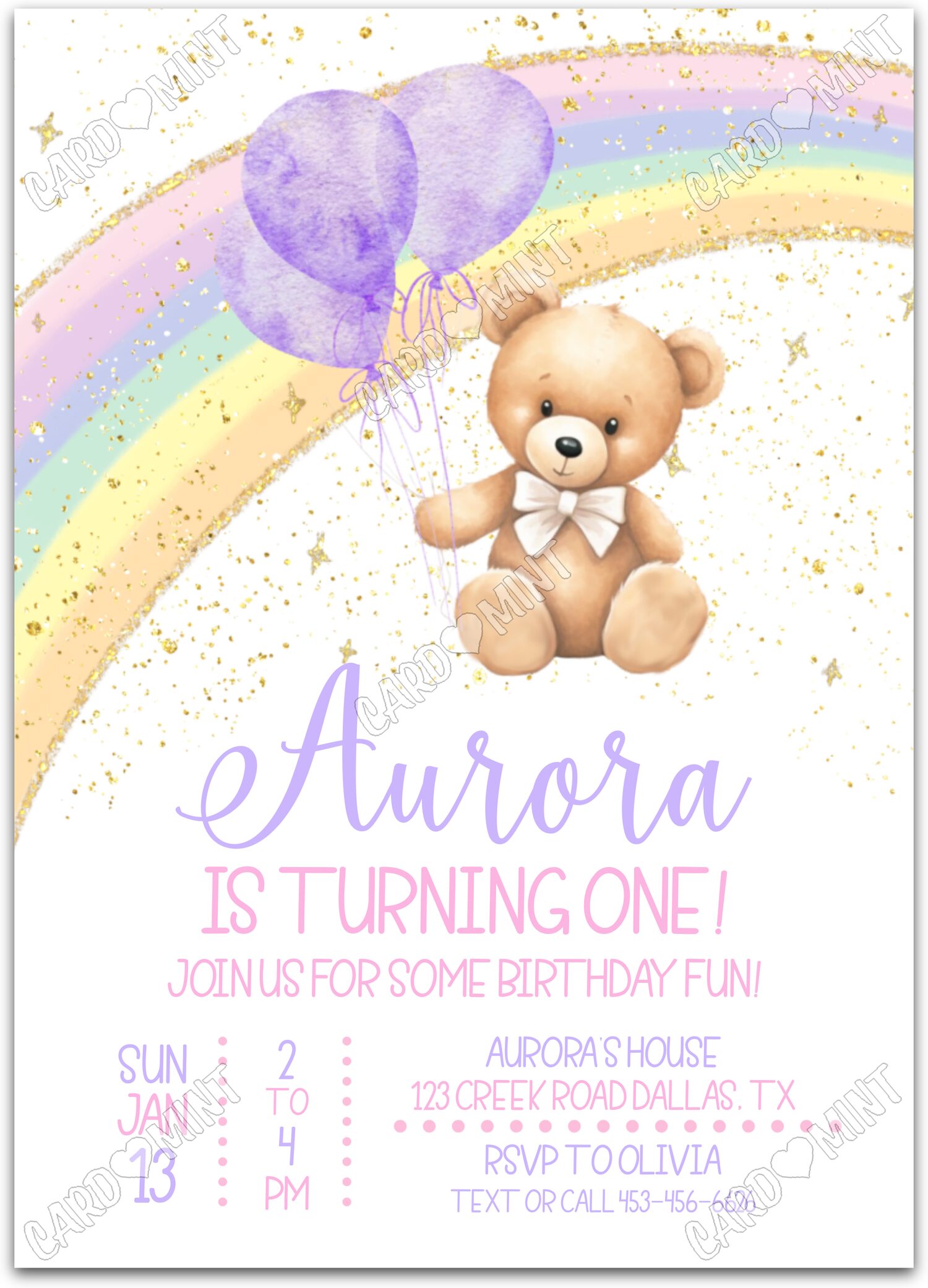 Editable Rainbow Teddy purple teddy bear & balloons girl 5"x7" Invitation EV1140