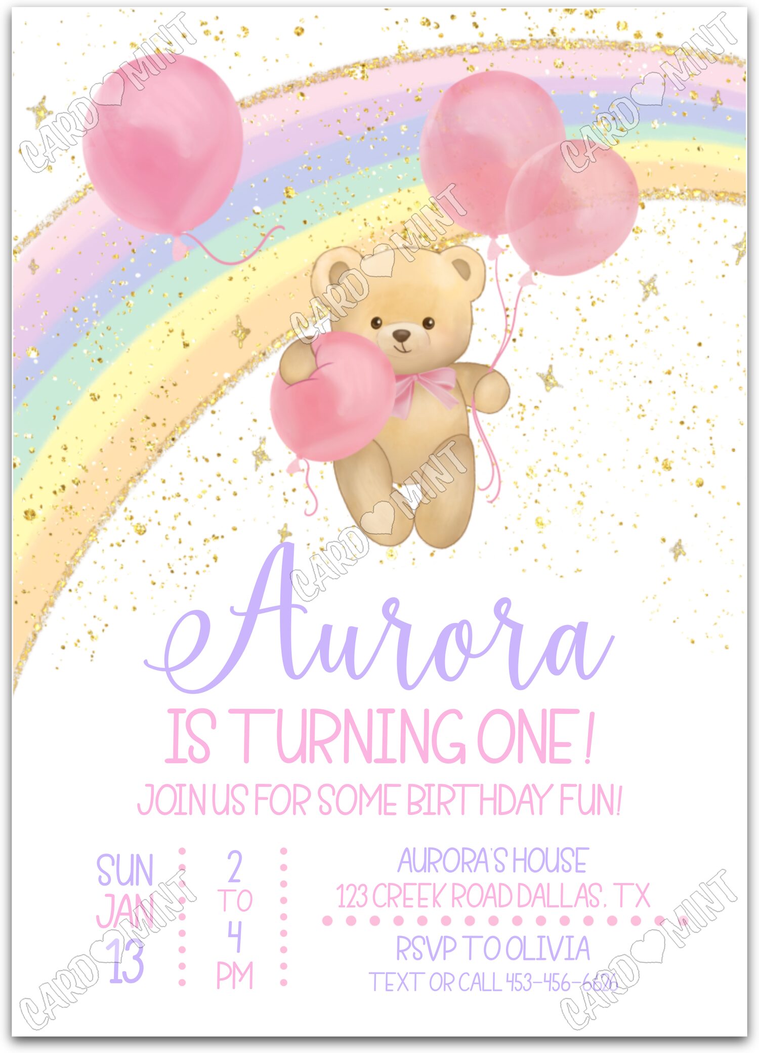 Editable Rainbow Teddy pink teddy bear & balloons girl Birthday Party 5"x7" Invitation EV1141