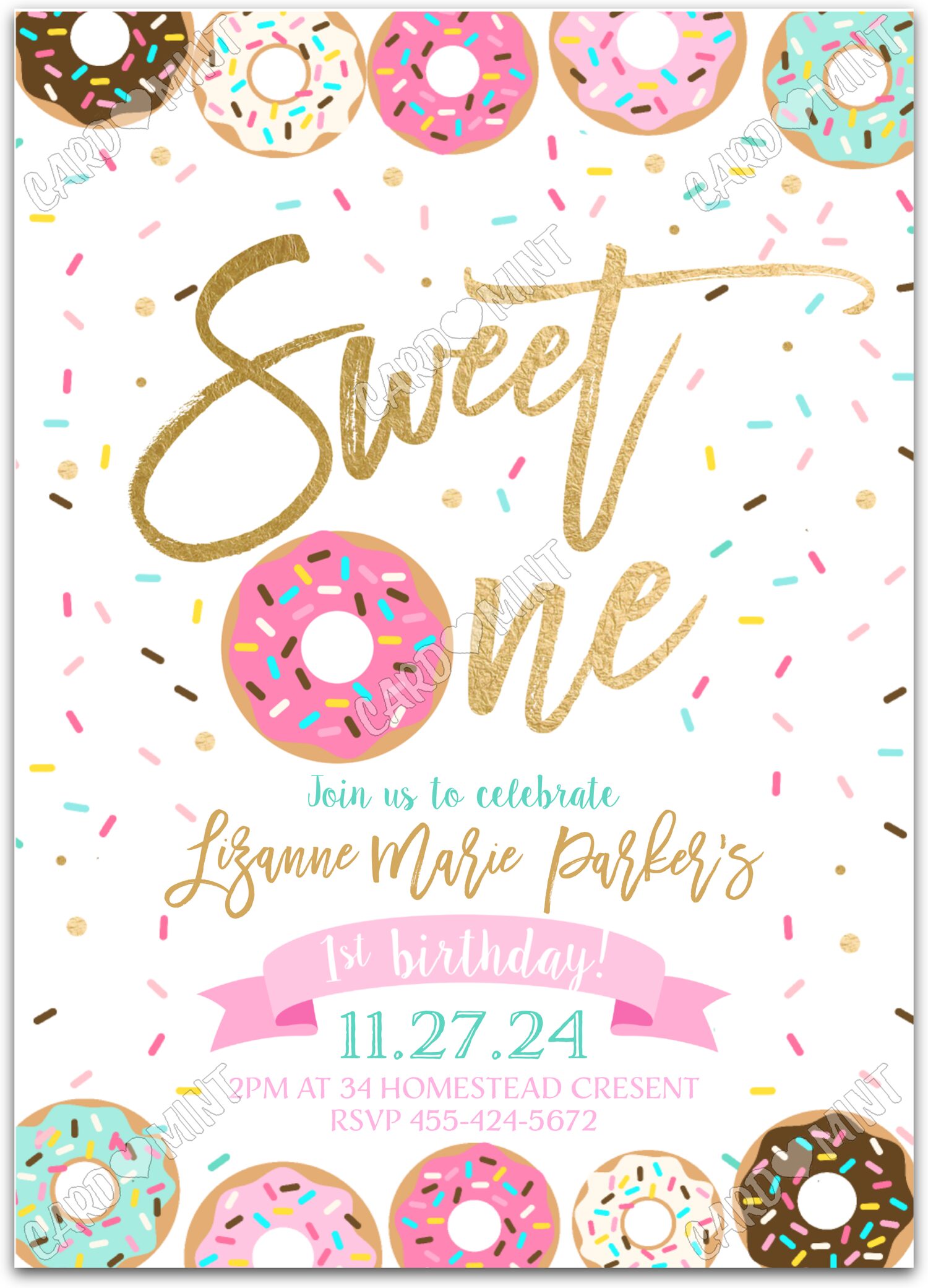 Editable Sweet One gold donut girl First Birthday Party 5"x7" Invitation EV1143