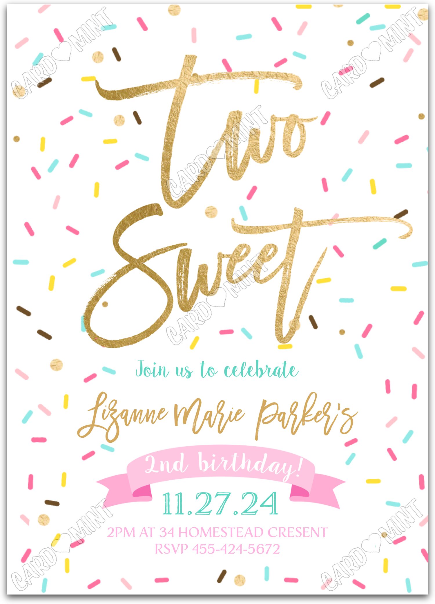 Editable Two Sweet gold sprinkles girl 2nd Birthday Party 5"x7" Invitation EV1144