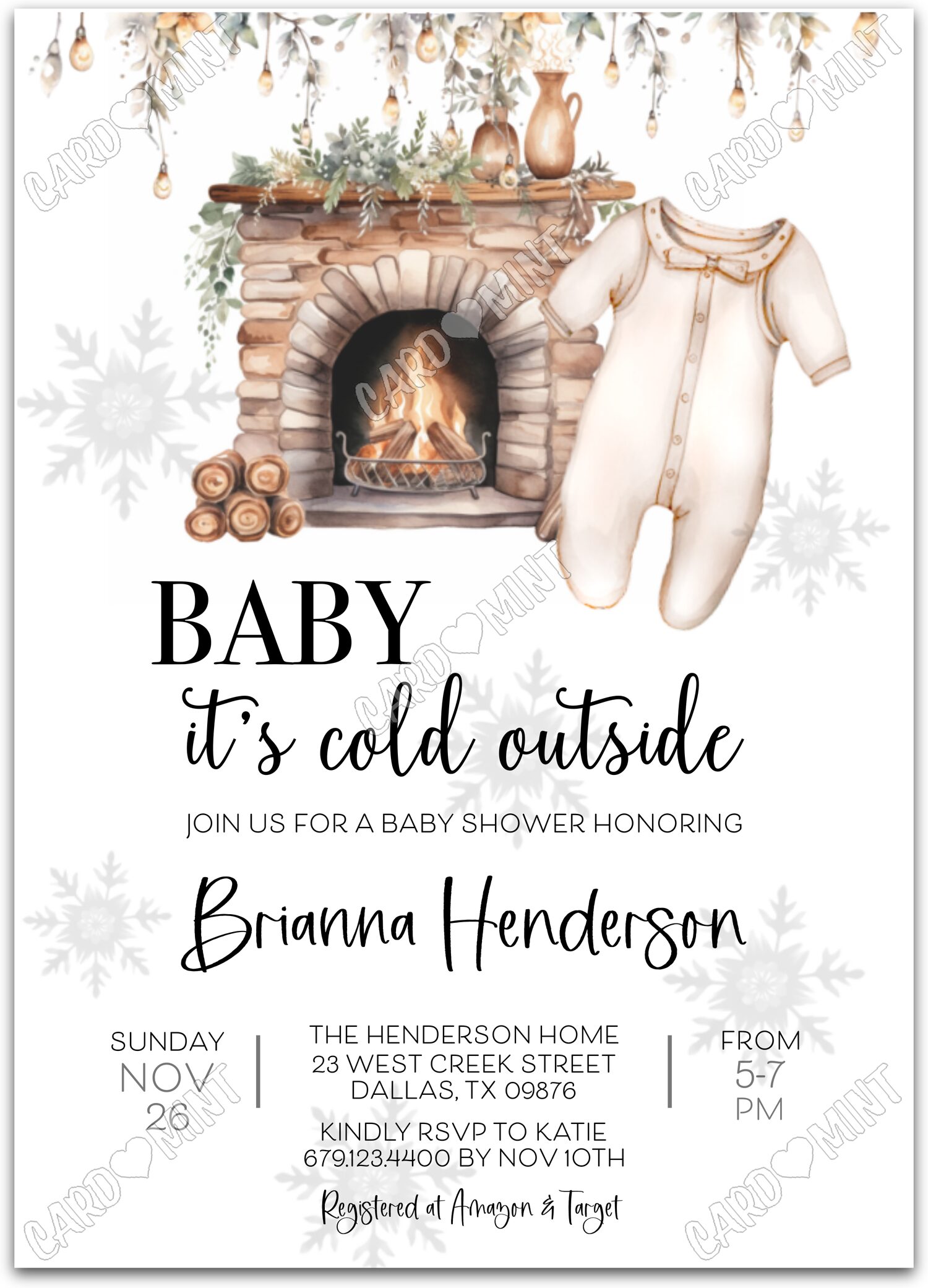 Editable Baby It's Cold Outside tan fireplace & sleeper neutral winter Baby Shower Invitation EV1146