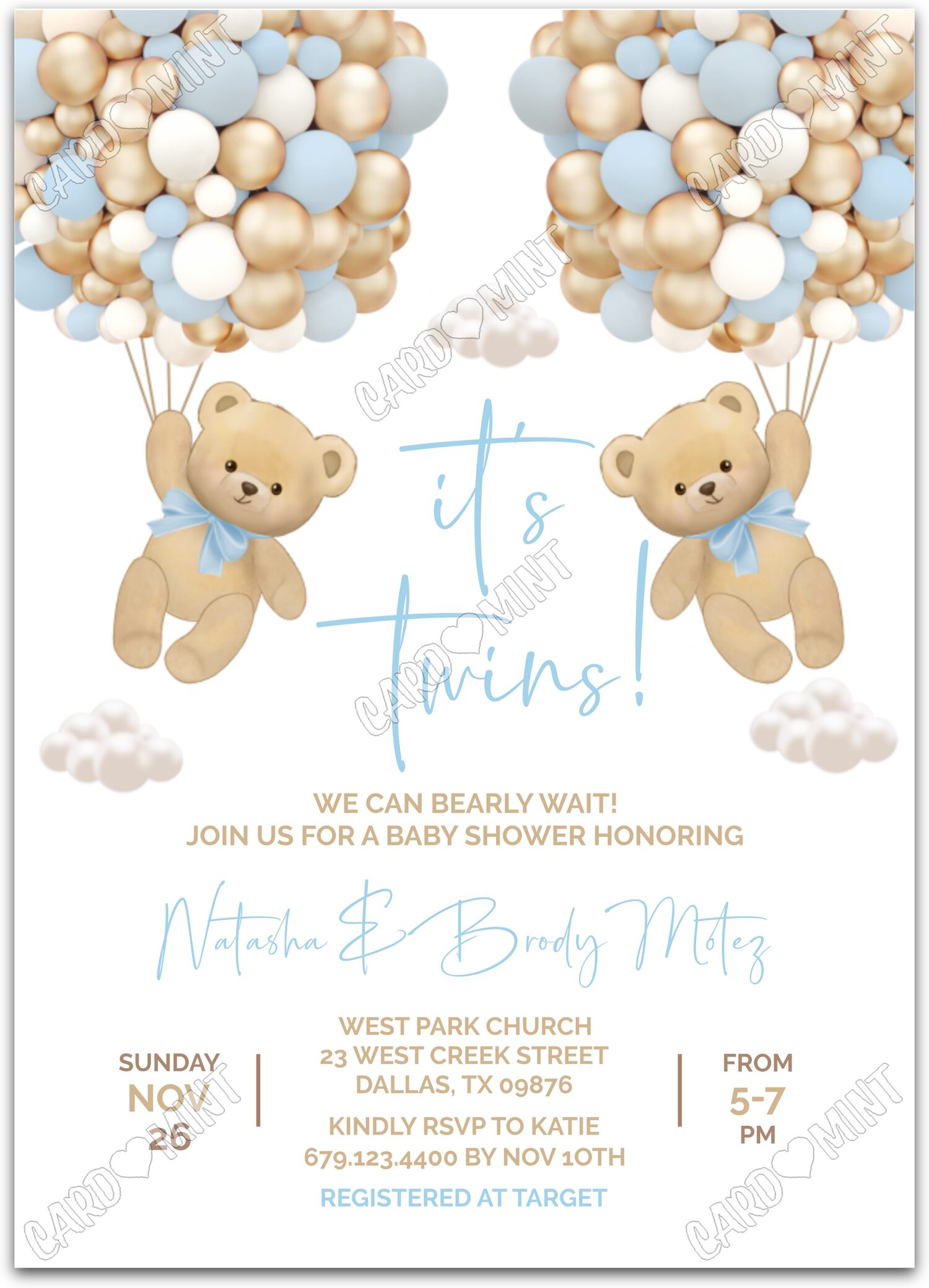 Editable It's Twins blue/tan teddy bears boy Twins Baby Shower 5"x7" Invitation EV1147
