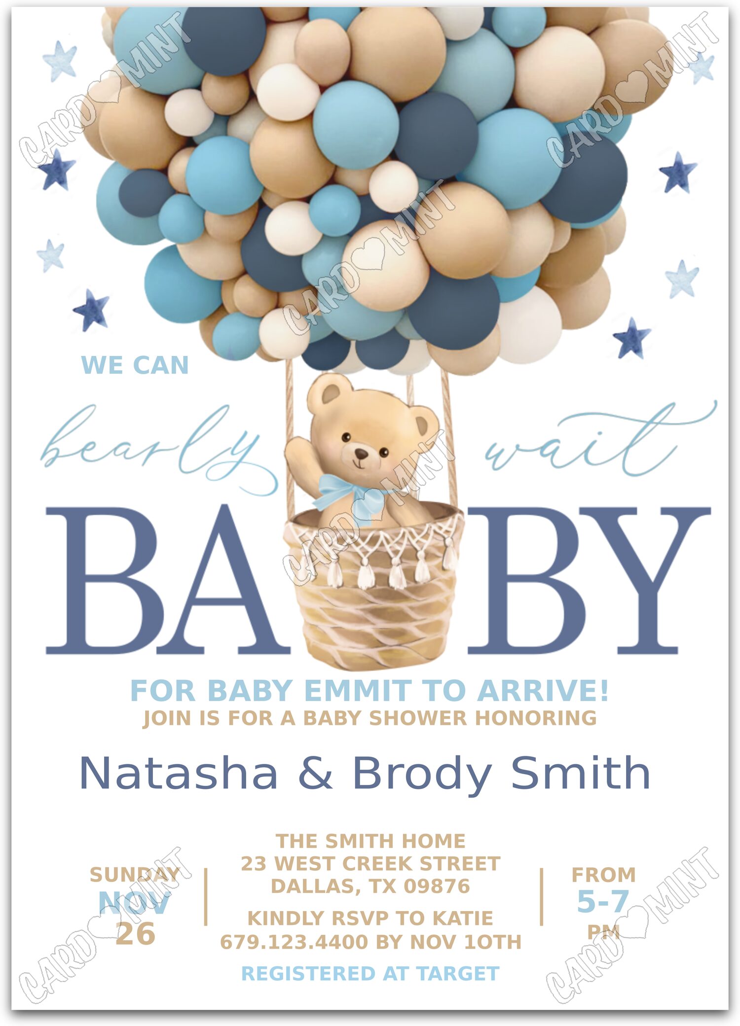 Editable Bearly Wait blue/tan teddy bear & hot air balloons boy Baby Shower 5"x7" Invitation EV1148