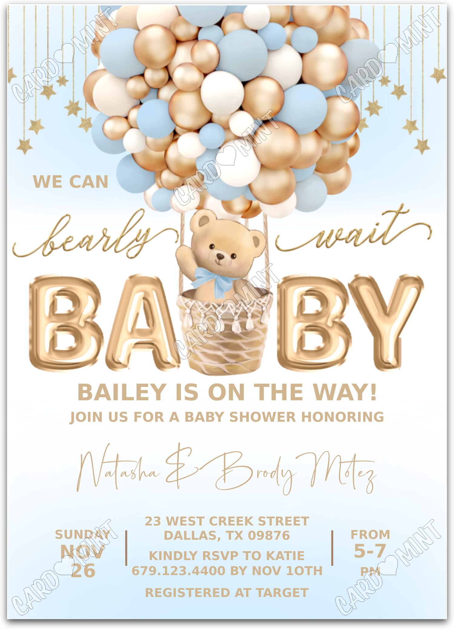 Editable Bearly Wait blue/tan teddy bear & hot air balloons boy Baby Shower Invitation EV1149