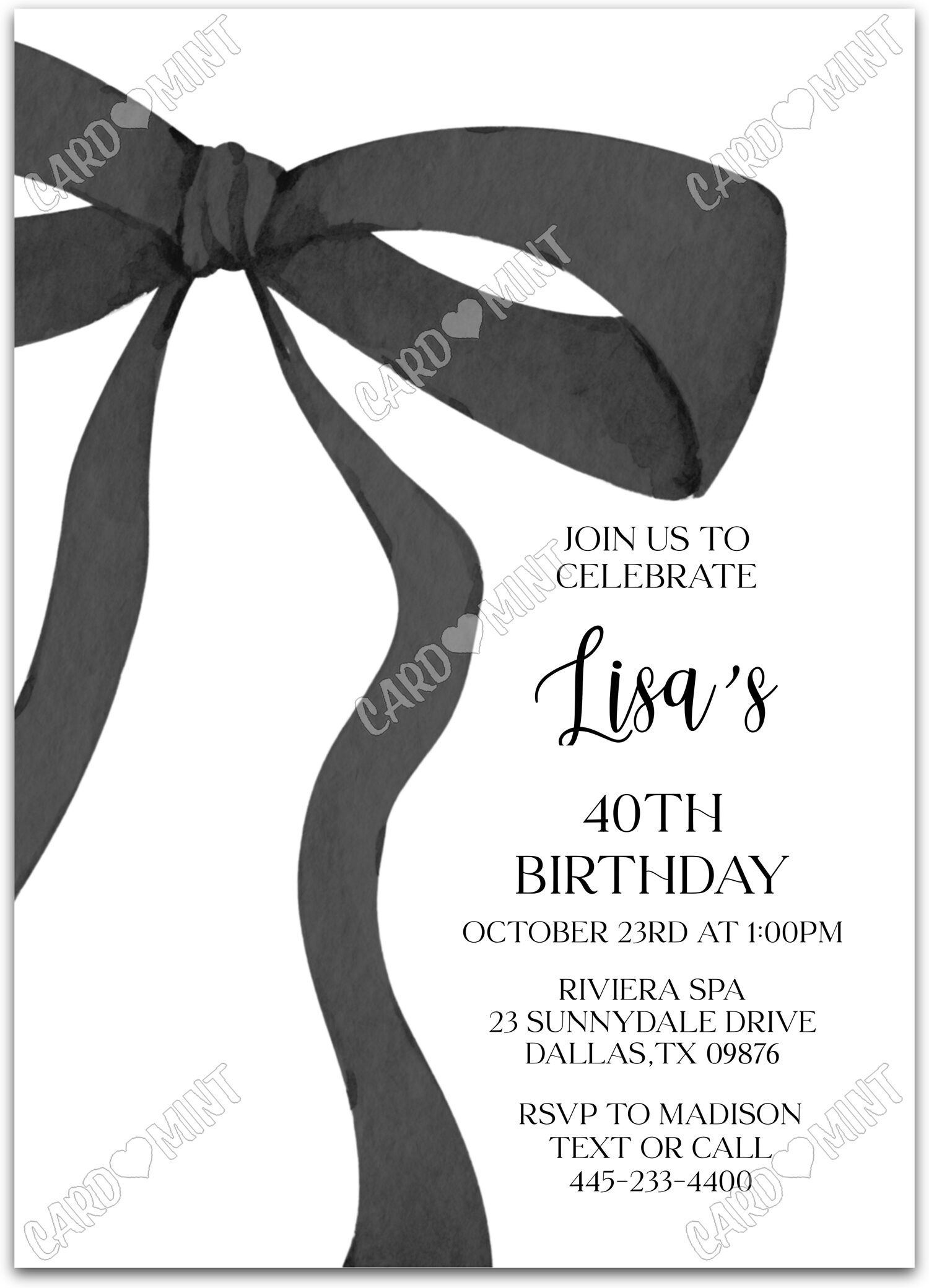 Editable Join Us To Celebrate black bow girl Birthday Party 5"x7" Invitation EV1150