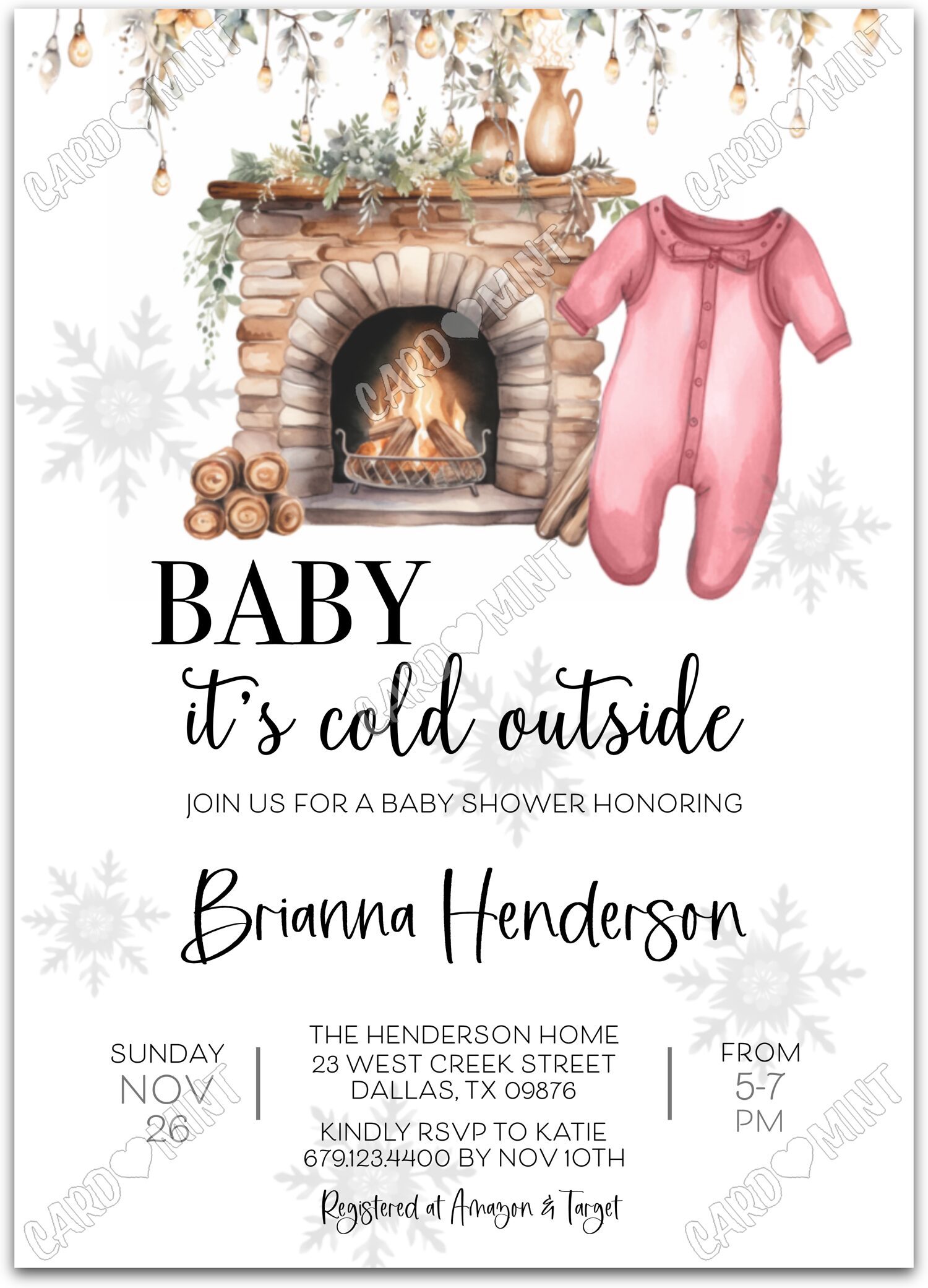 Editable Baby It's Cold Outside tan/pink fireplace & sleeper girl winter Douche de bébé 5"x7" Invitation EV1151