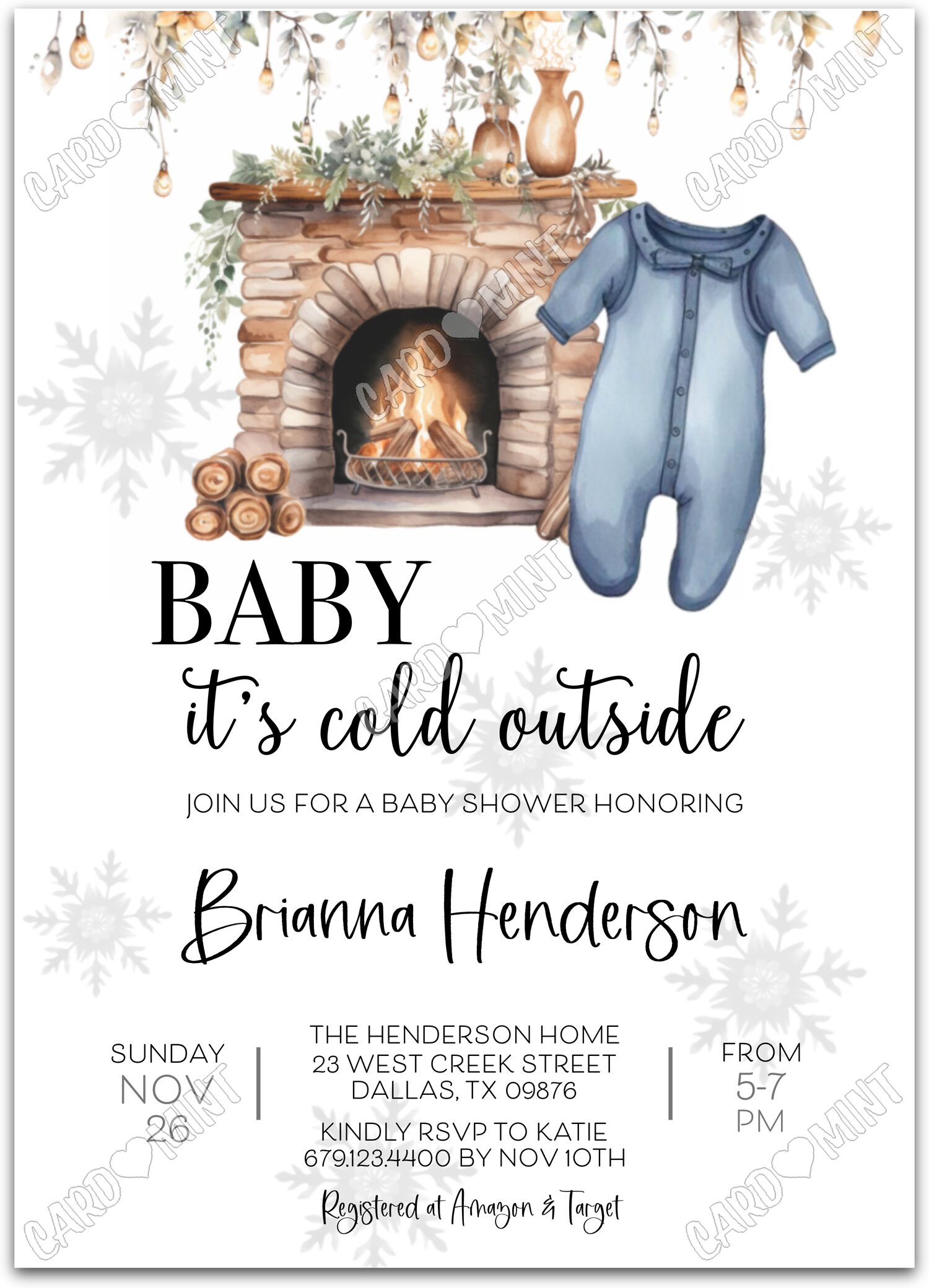 Editable Baby It's Cold Outside blue/tan fireplace & sleeper boy winter Douche de bébé 5"x7" Invitation EV1152