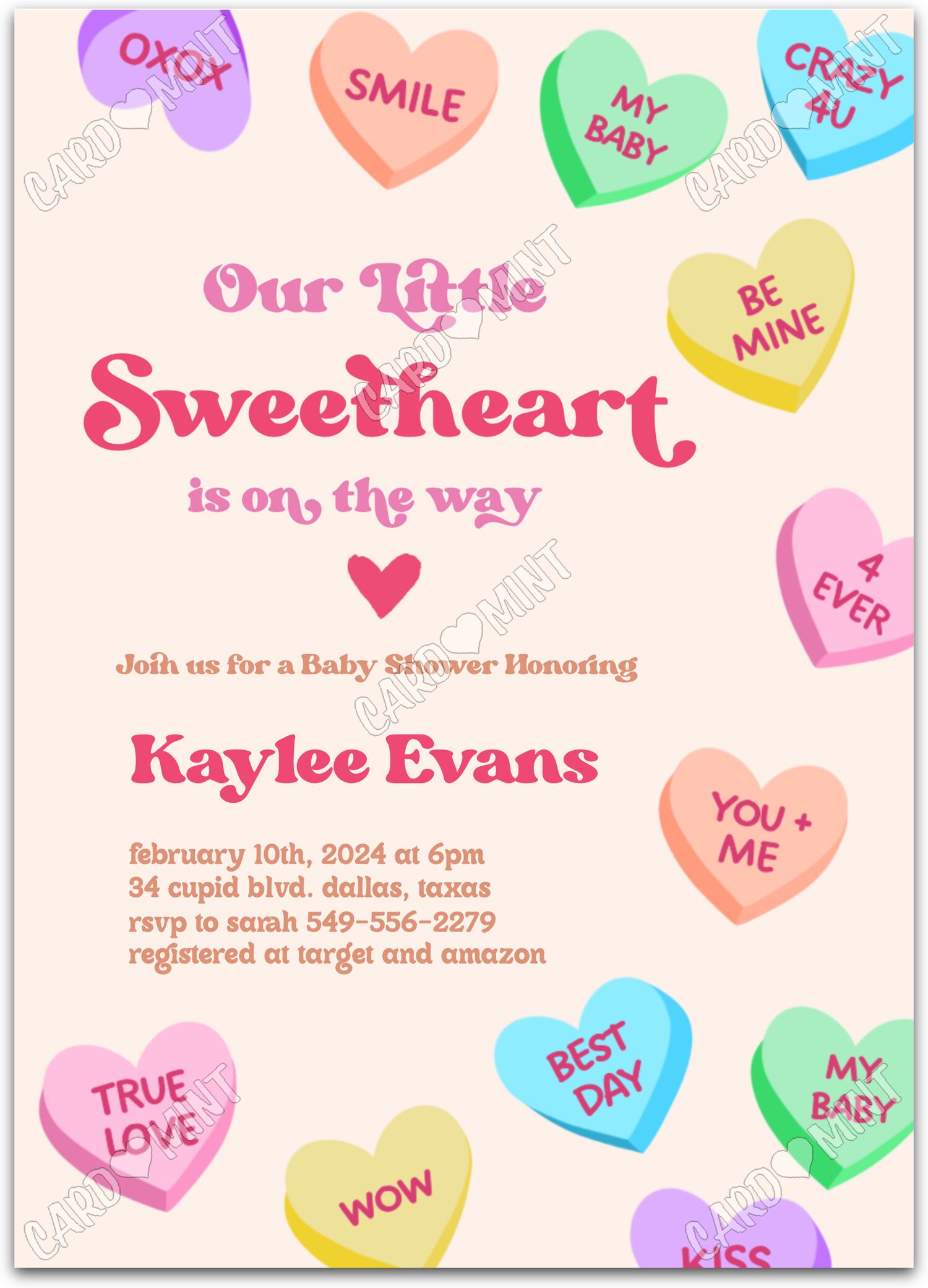 Editable Our Little Sweetheart peach hearts neutral Valentines Baby Shower 5"x7" Invitation EV1155