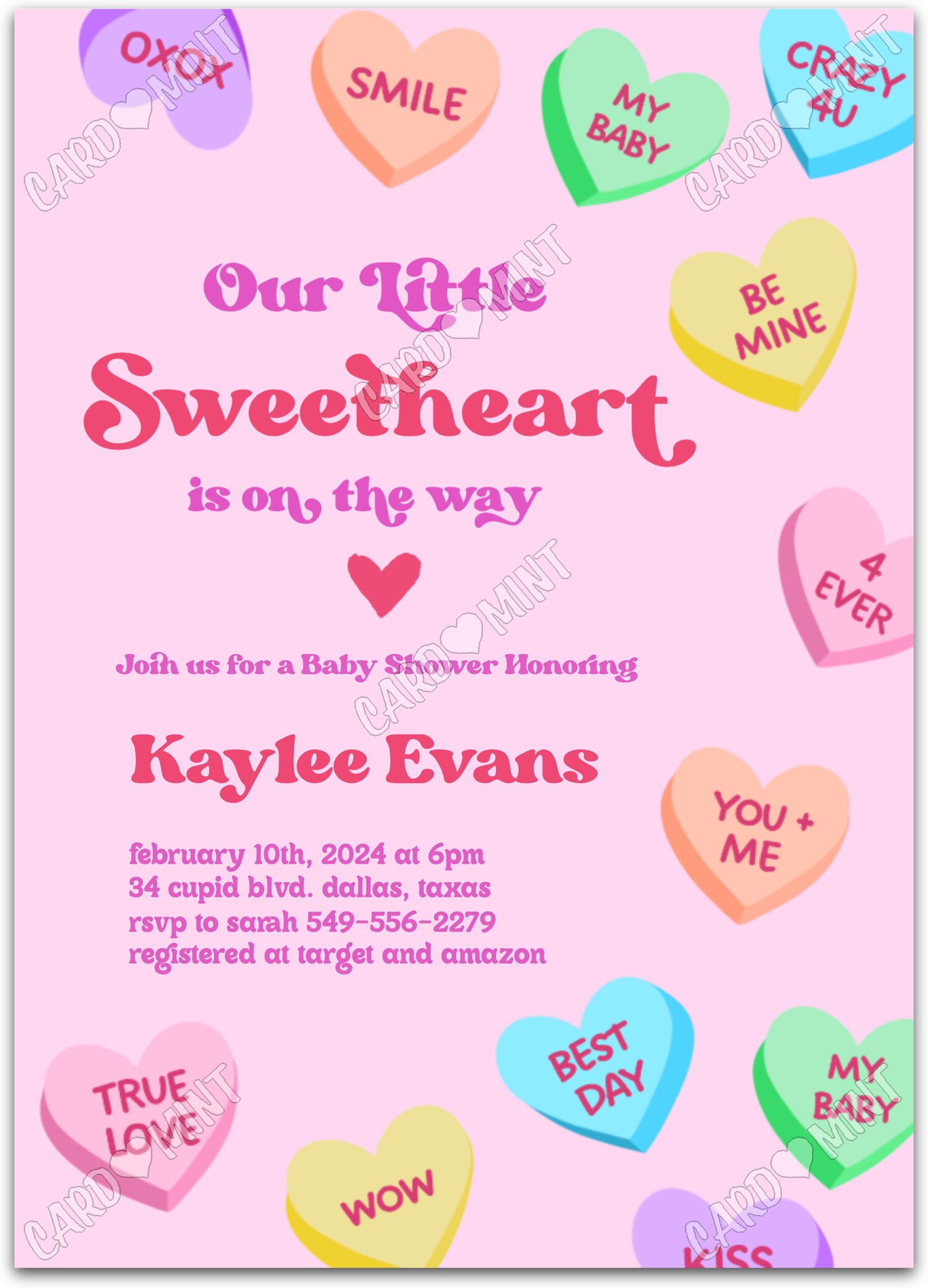 Editable Our Little Sweetheart pink hearts girl Valentines Douche de bébé 5"x7" Invitation EV1156