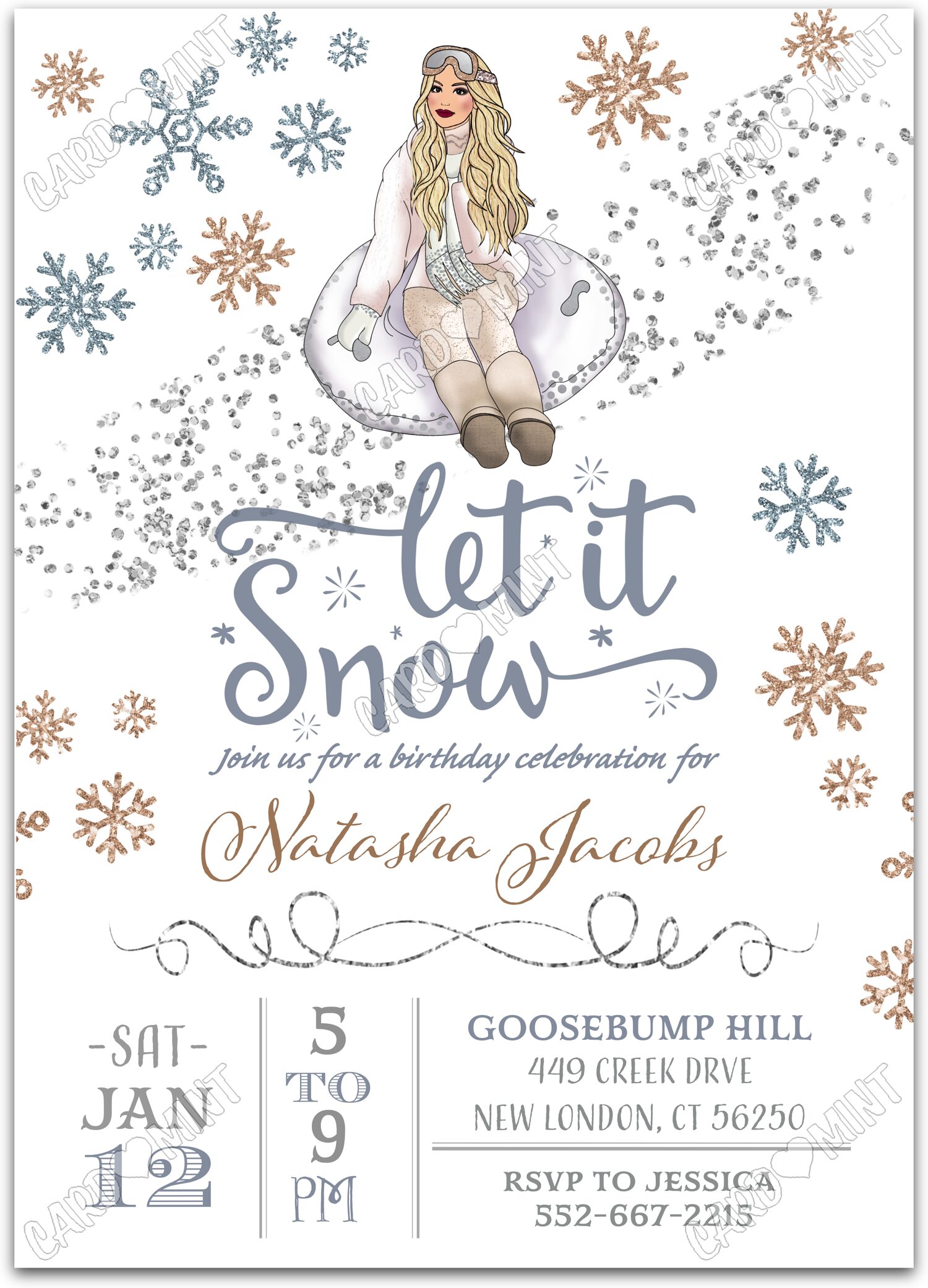 Editable Let It Snow white snowflakes girl winter Birthday Party 5"x7" Invitation EV1159