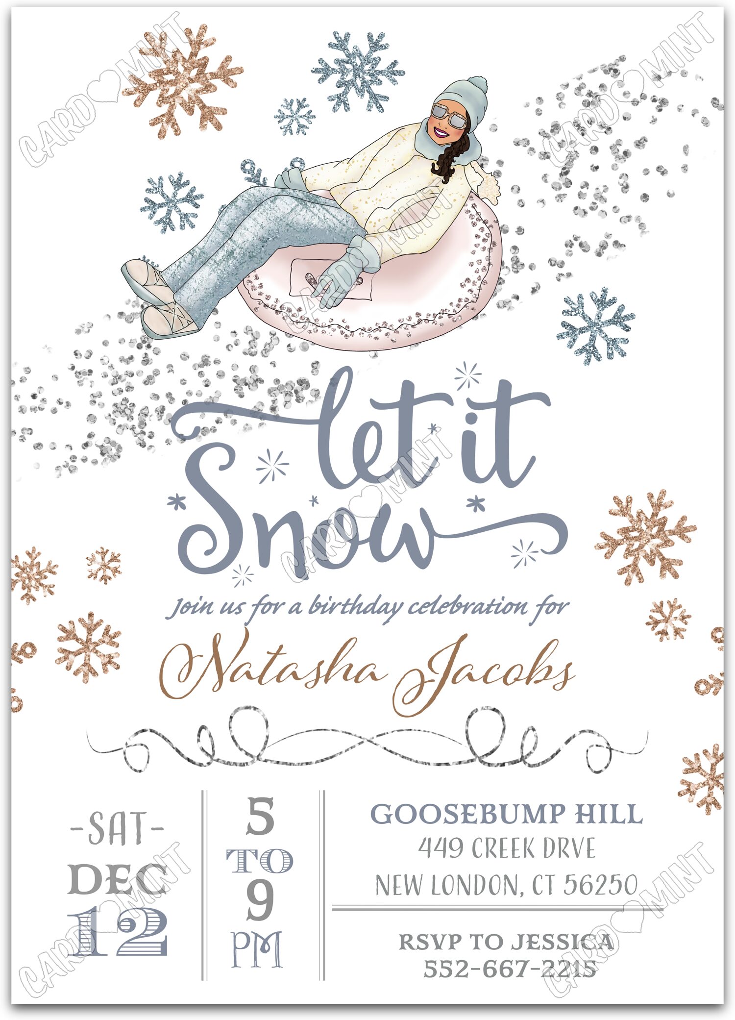 Editable Let It Snow white snowflakes girl winter Birthday Party 5"x7" Invitation EV1160