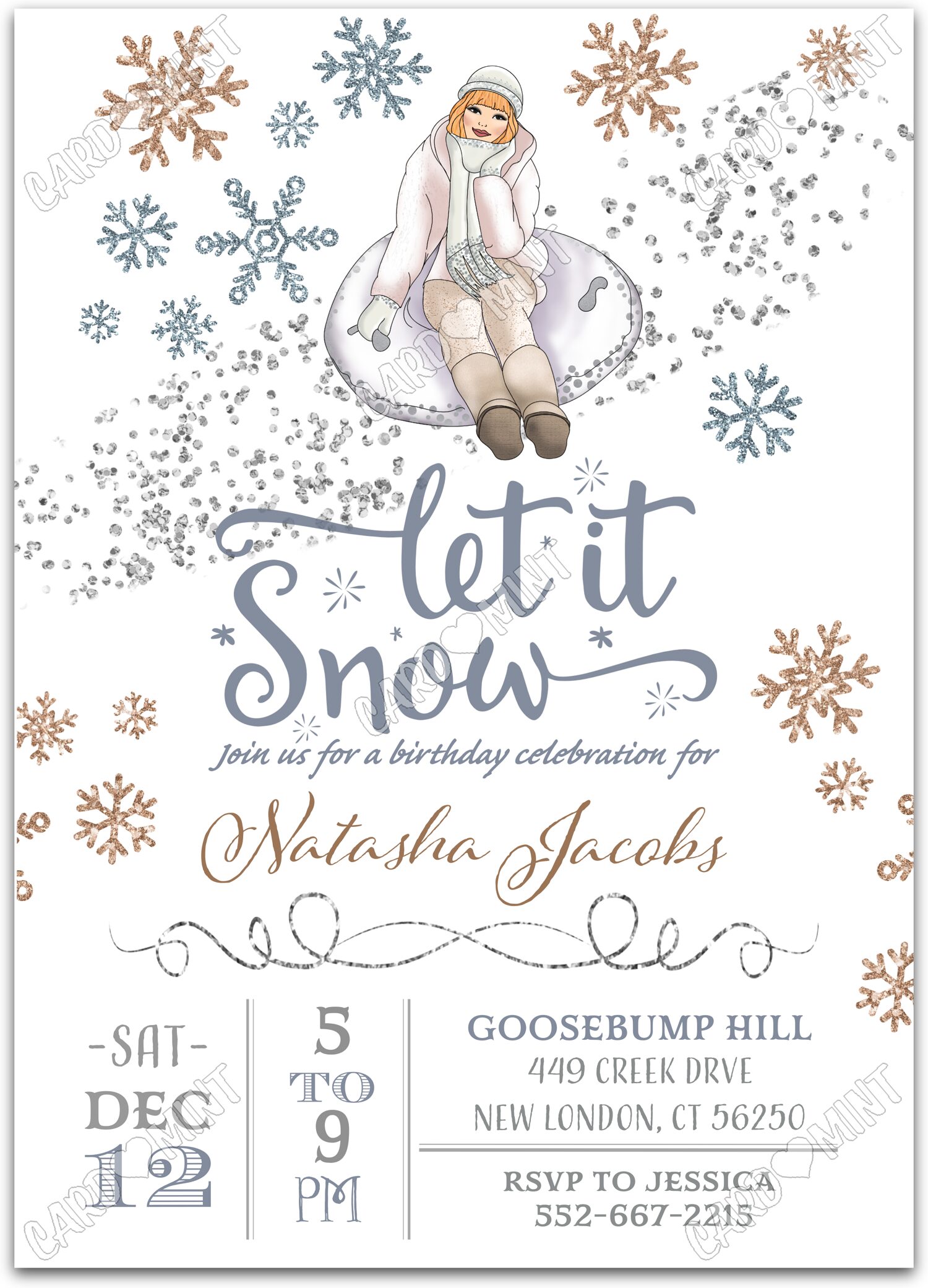 Editable Let It Snow white snowflakes girl winter Birthday Party 5"x7" Invitation EV1161