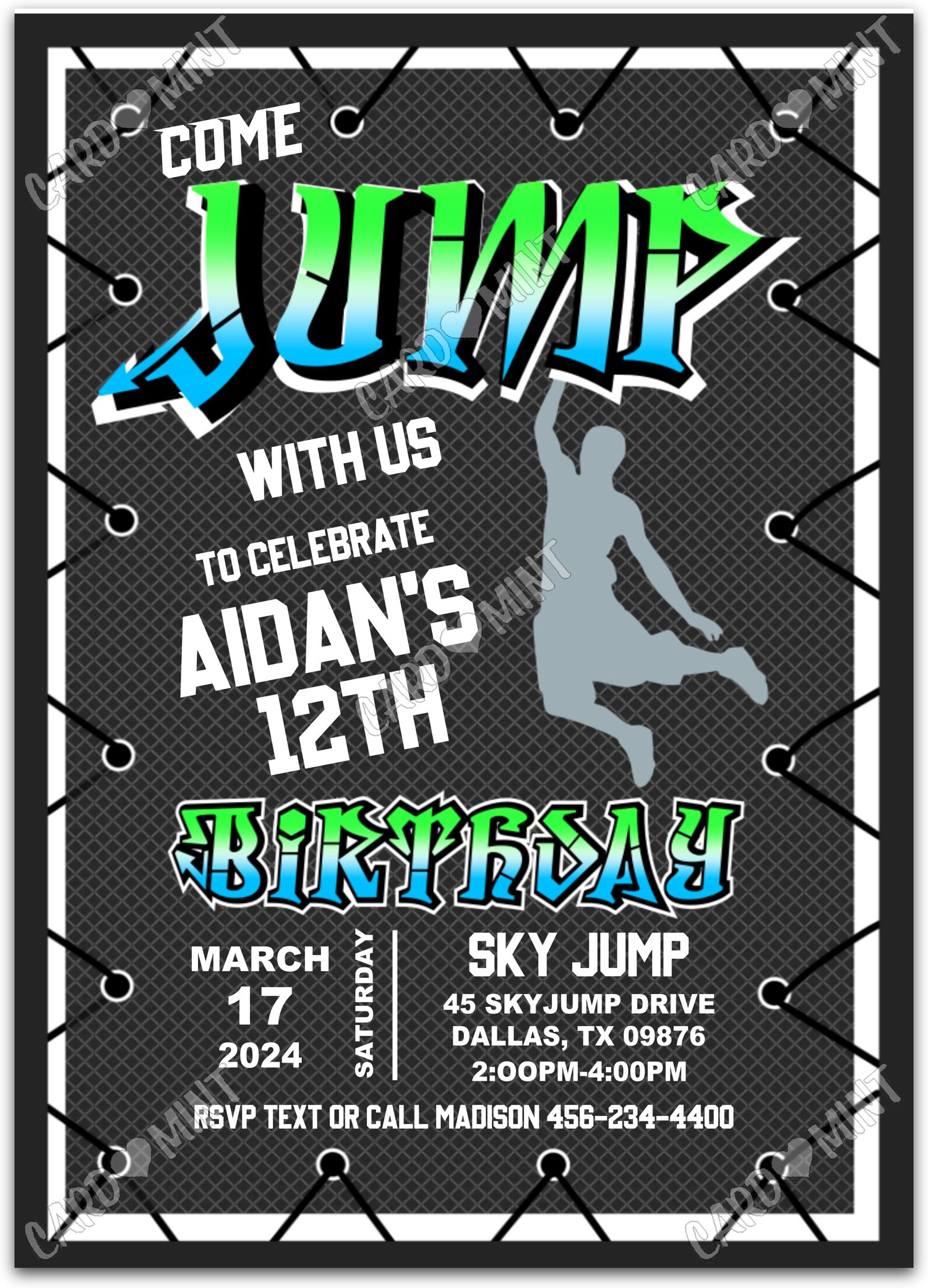 Editable Come Jump With Us black basketball net boy Birthday Party Invitation EV1162