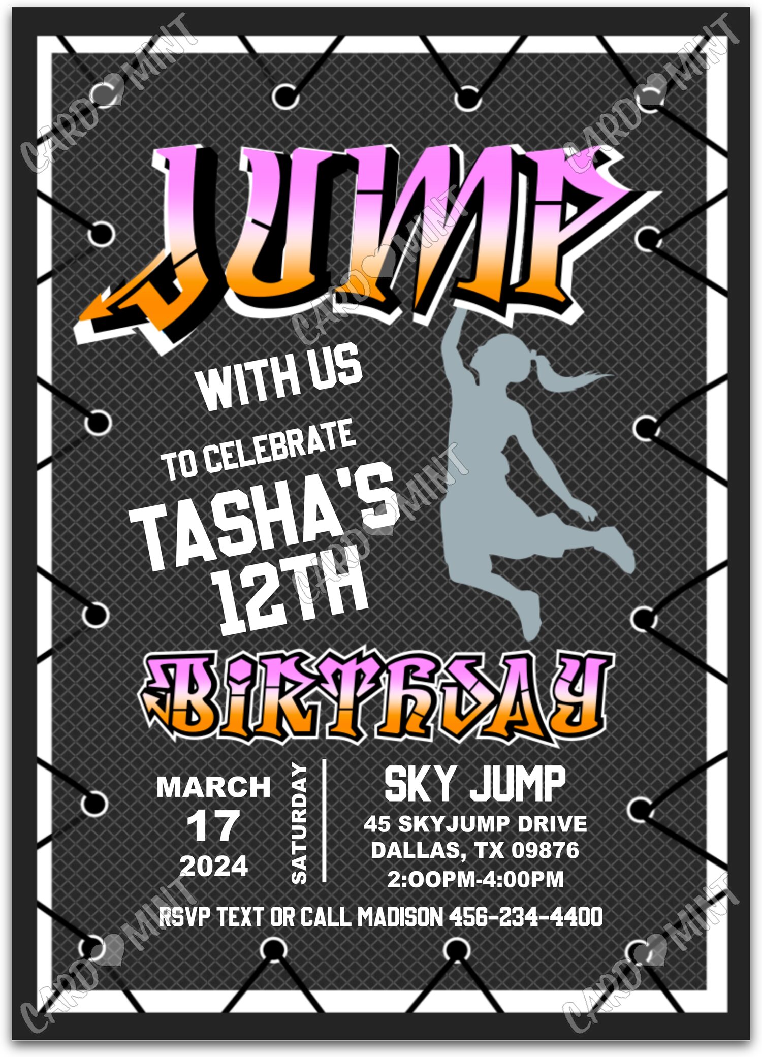 Editable Come Jump With Us black basketball net girl Birthday Party Invitation EV1163