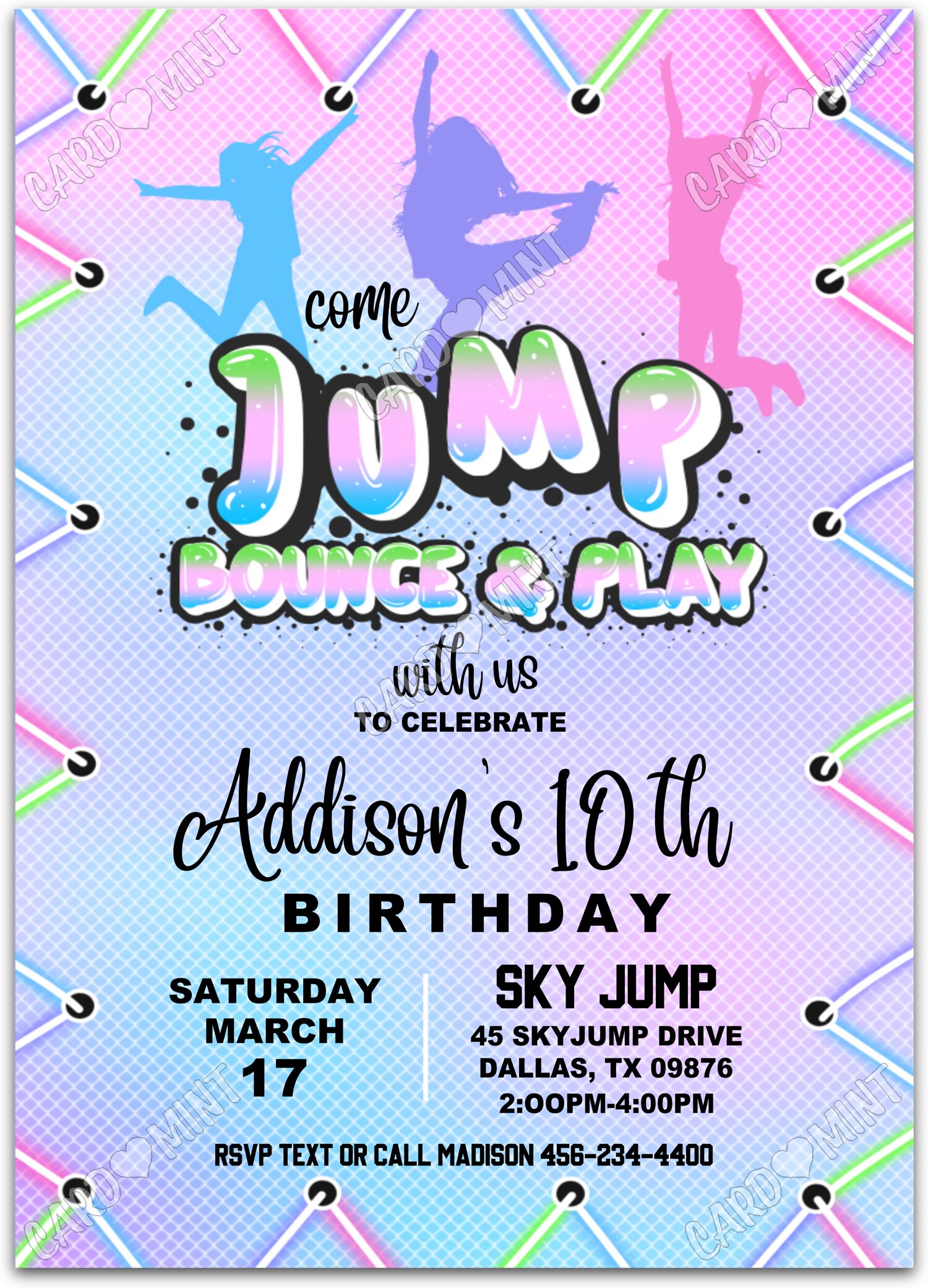 Editable Bounce & Play pink/blue trampoline girl Birthday Party Invitation EV1164