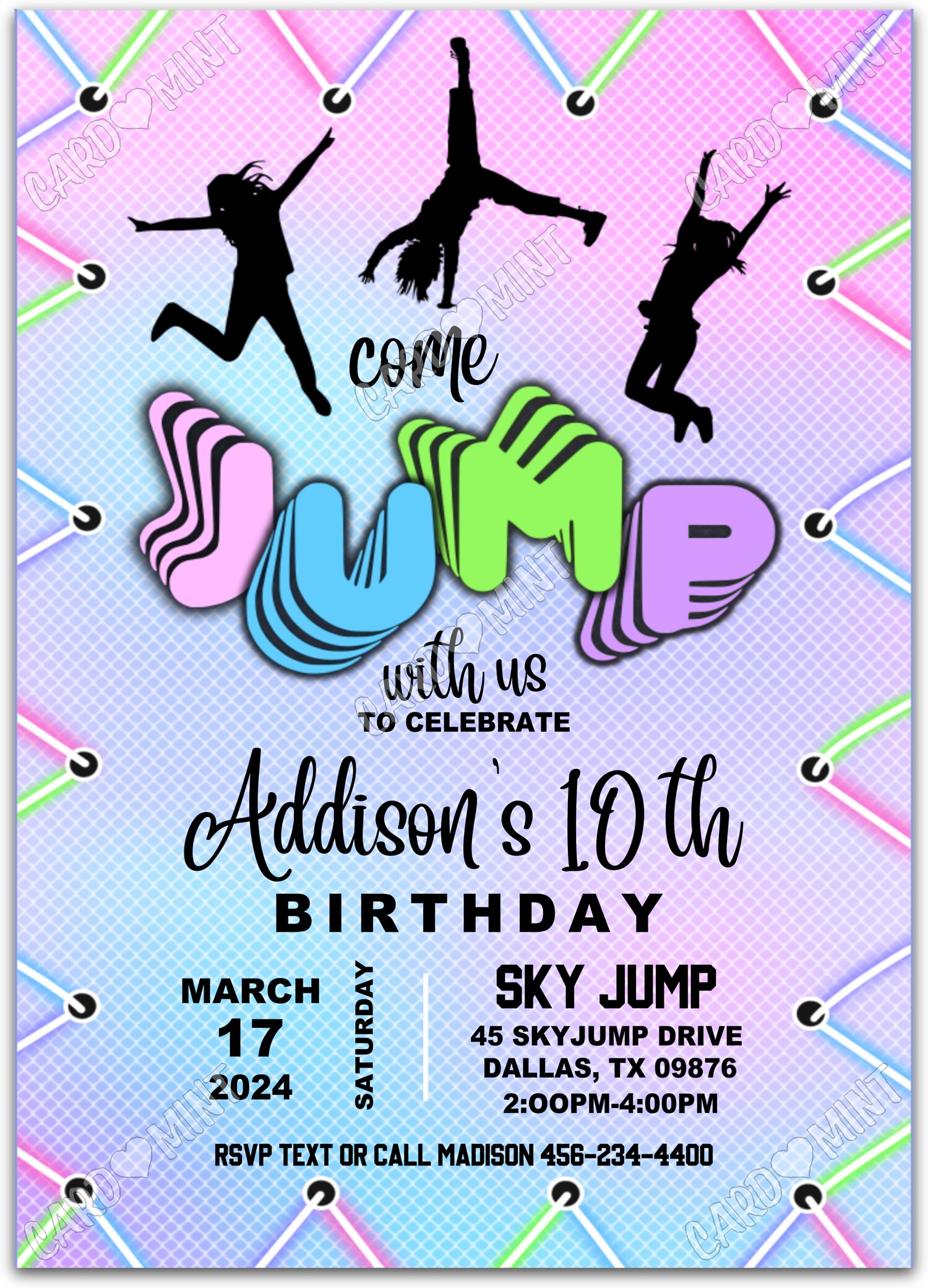 Editable Come Jump With Us pink/black trampoline girl Birthday Party 5"x7" Invitation EV1165