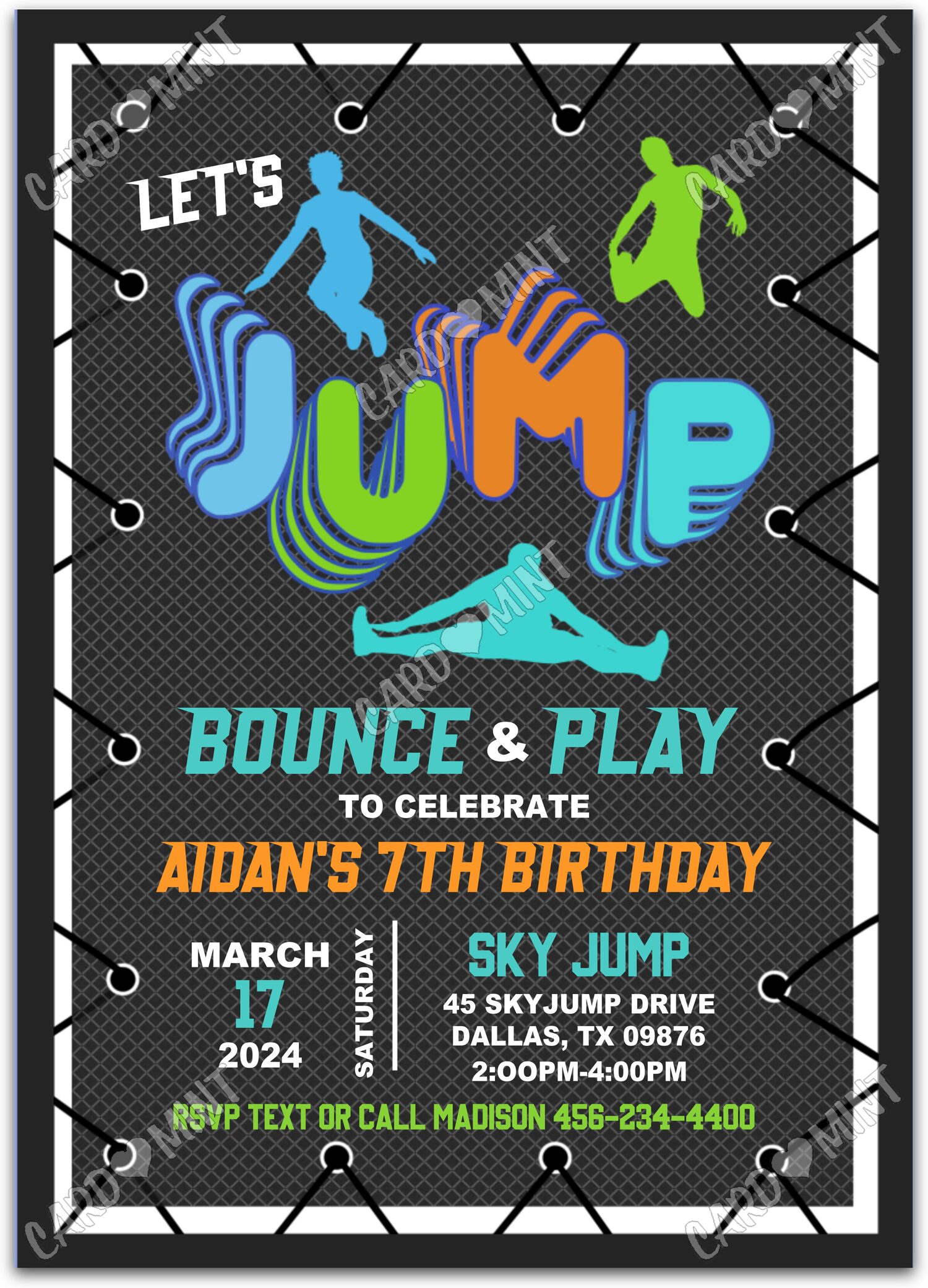 Editable Bounce & Play black trampoline boy Birthday Party Invitation EV1166