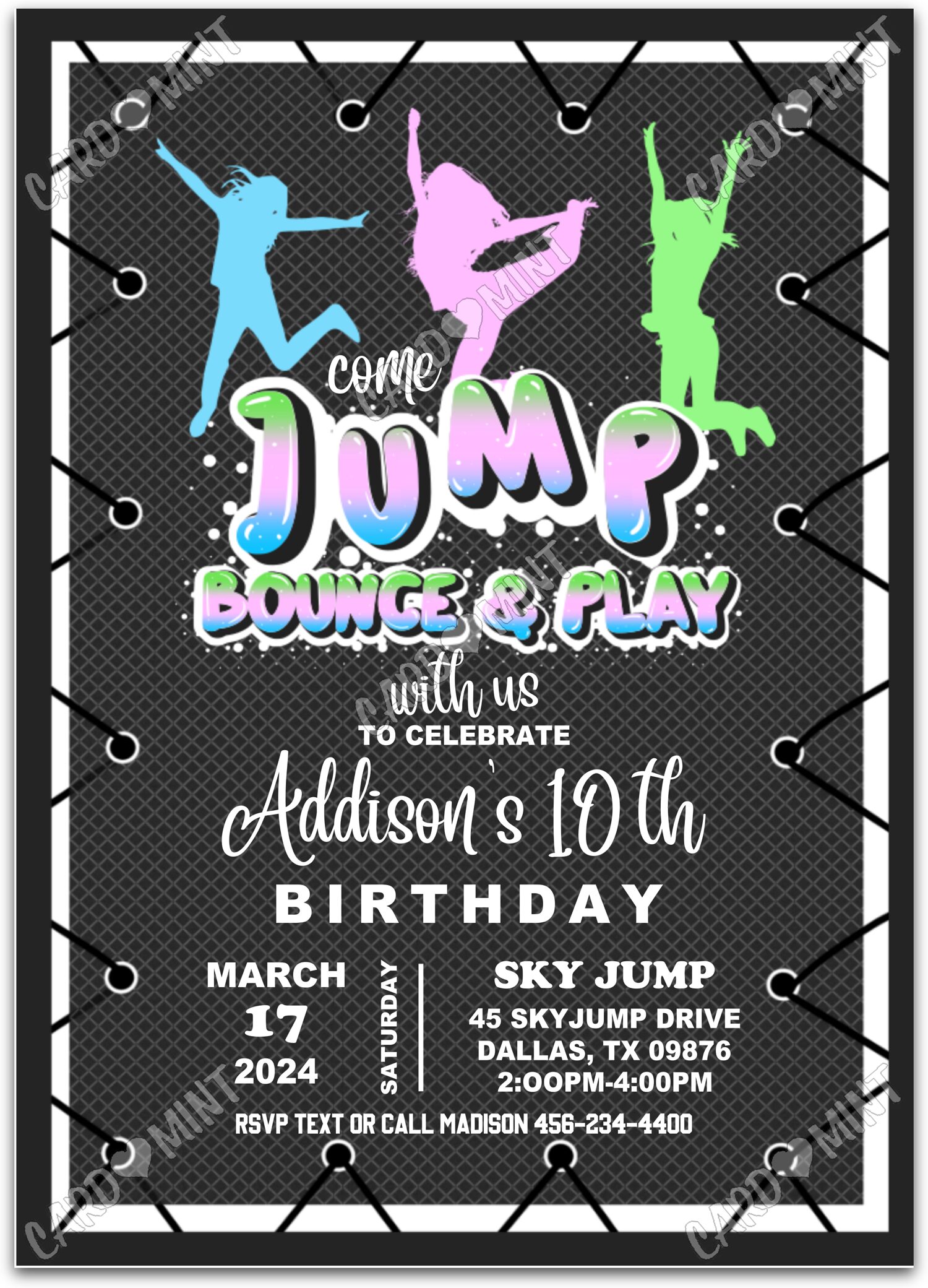 Editable Come Jump black trampoline girl Birthday Party Invitation EV1167