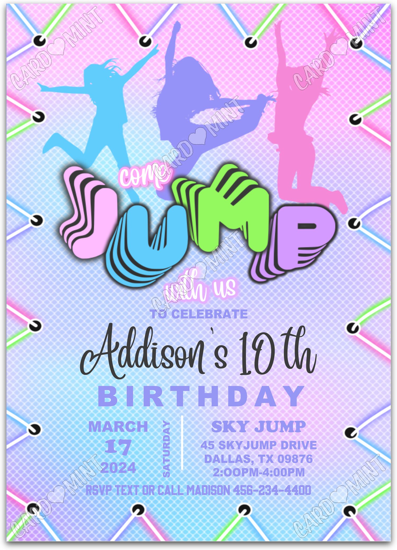 Editable Come Jump With Us pink/blue trampoline girl Birthday Party 5"x7" Invitation EV1168