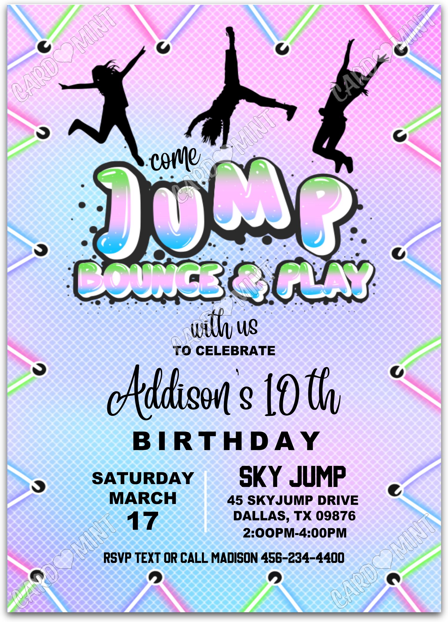 Editable Come Jump green/black trampoline girl Fête d'Anniversaire 5"x7" Invitation EV1169