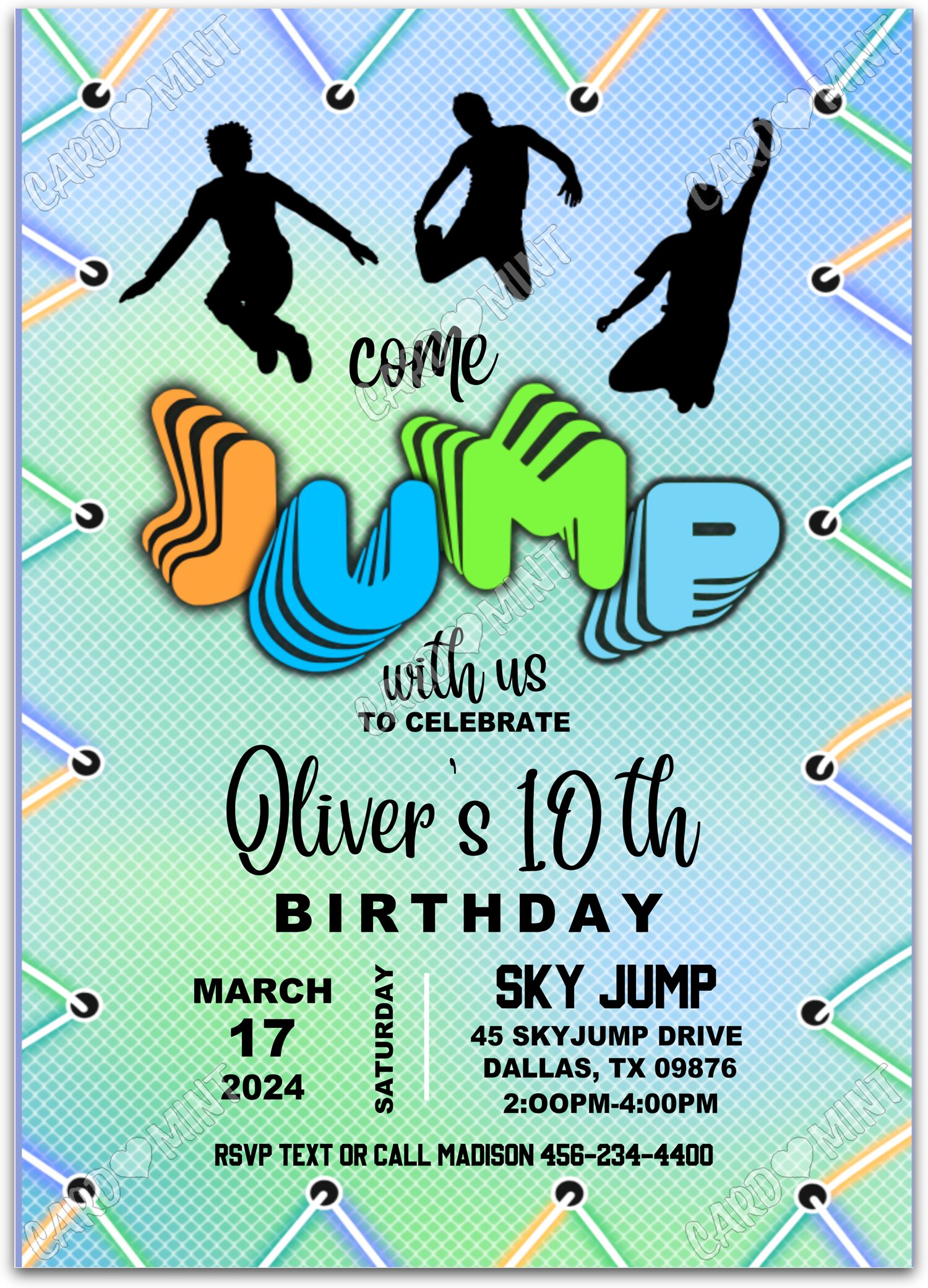 Editable Come Jump With Us green/black trampoline boy Fête d'Anniversaire 5"x7" Invitation EV1170