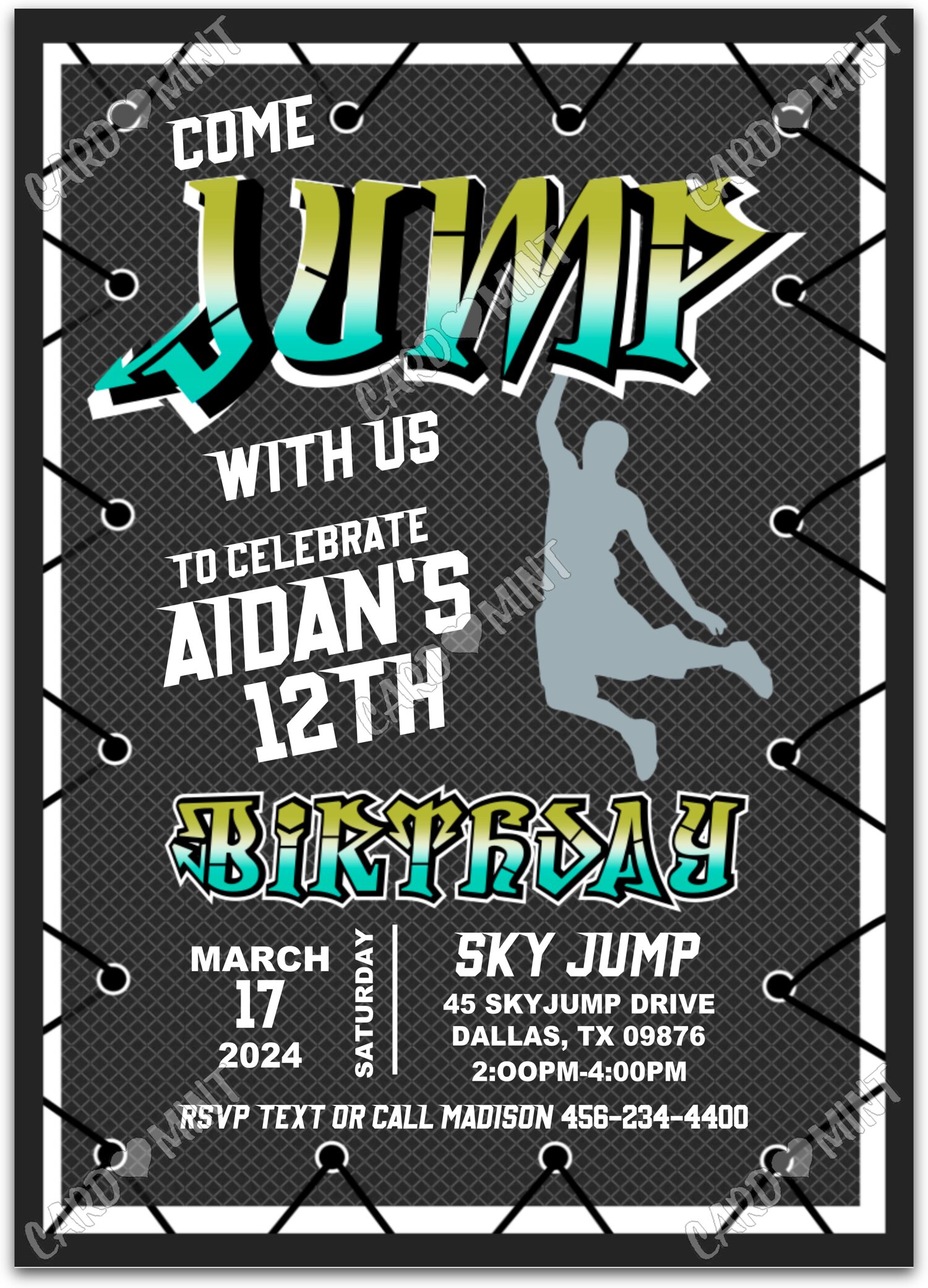 Editable Come Jump With Us black trampoline boy Birthday Party 5"x7" Invitation EV1171
