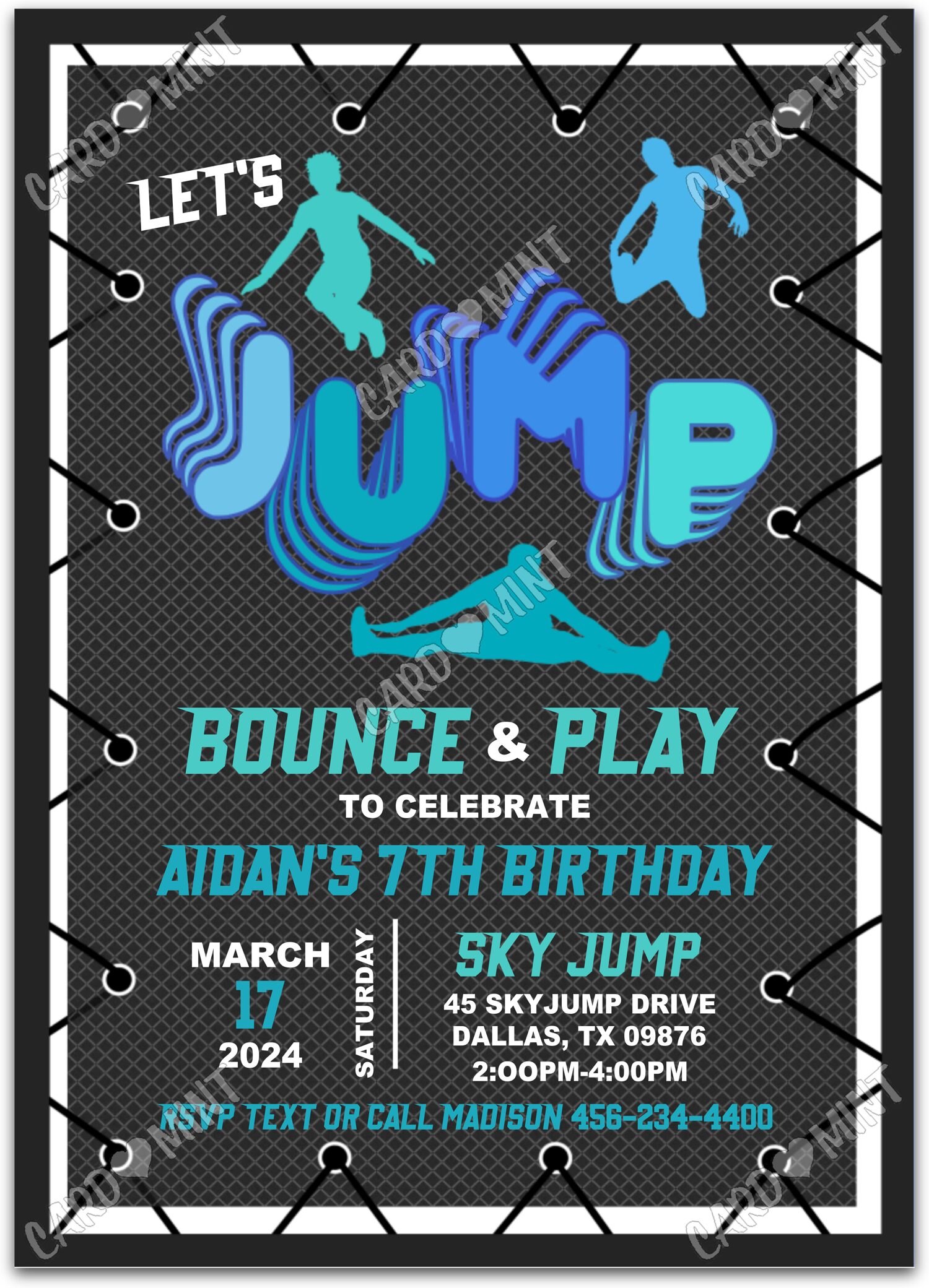 Editable Let's Jump blue/black trampoline boy Birthday Party 5"x7" Invitation EV1172