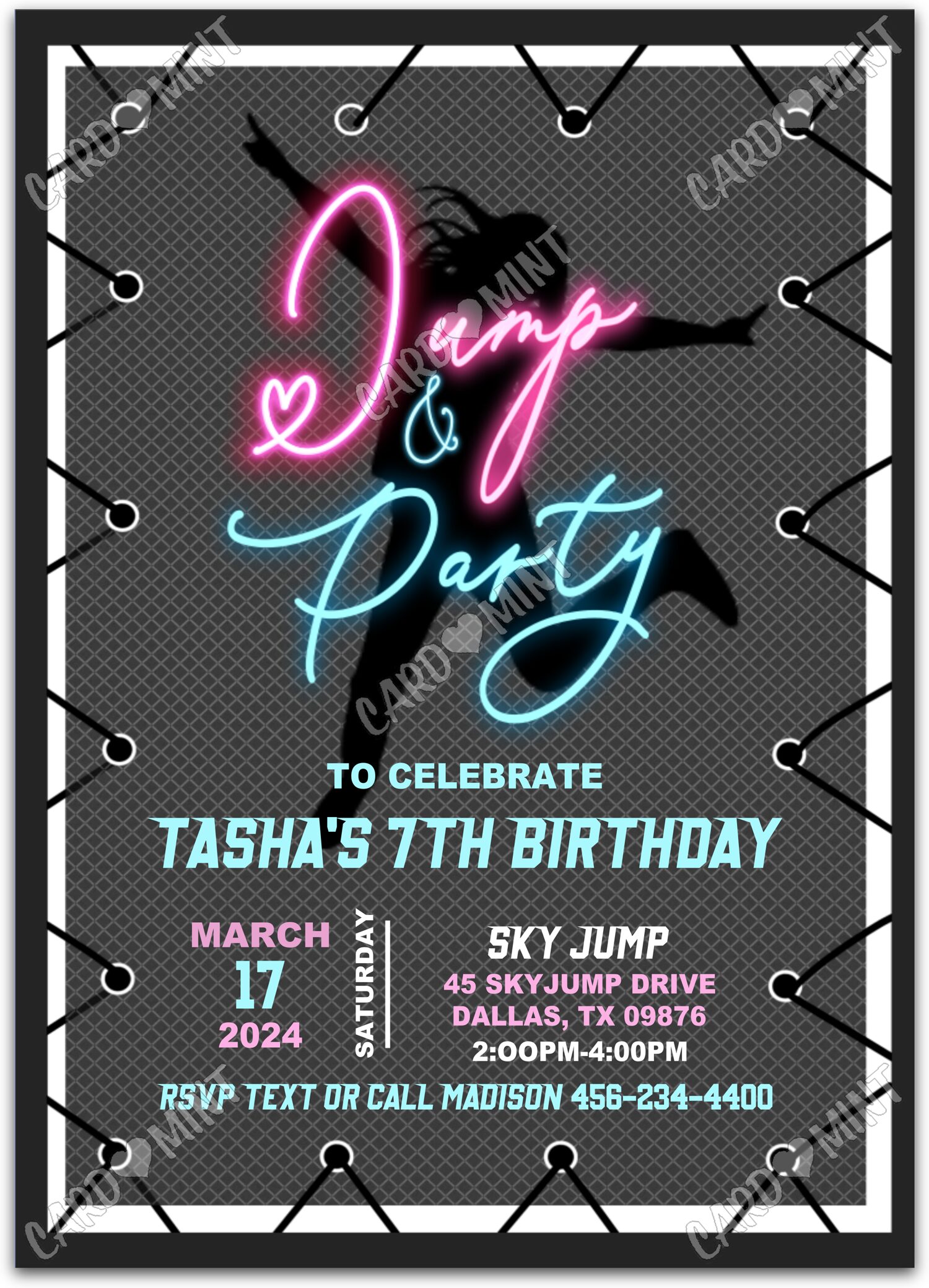 Editable Jump & Party black trampoline girl Birthday Party Invitation EV1173