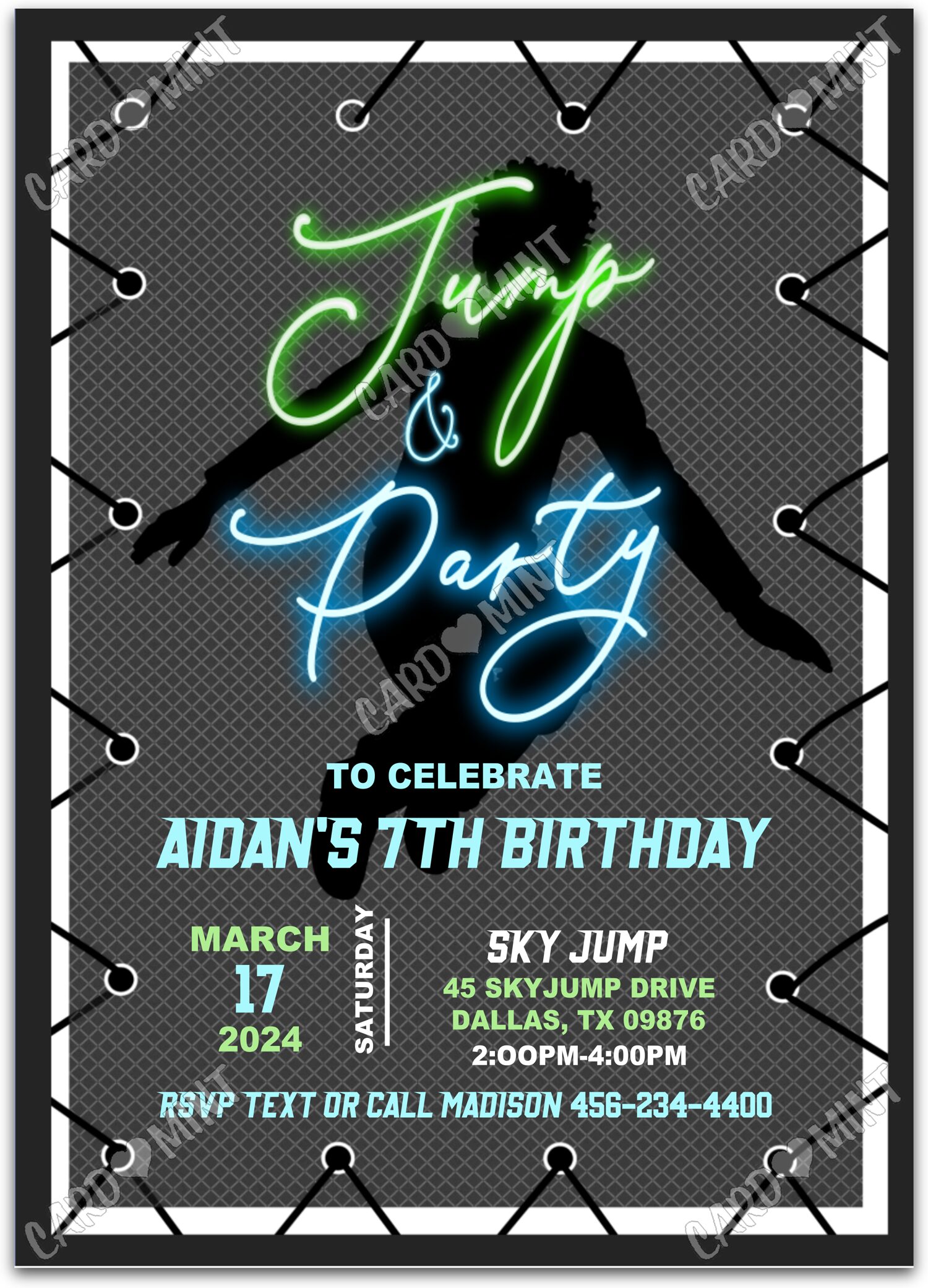 Editable Jump & Party black trampoline boy Fête d'Anniversaire Invitation EV1174
