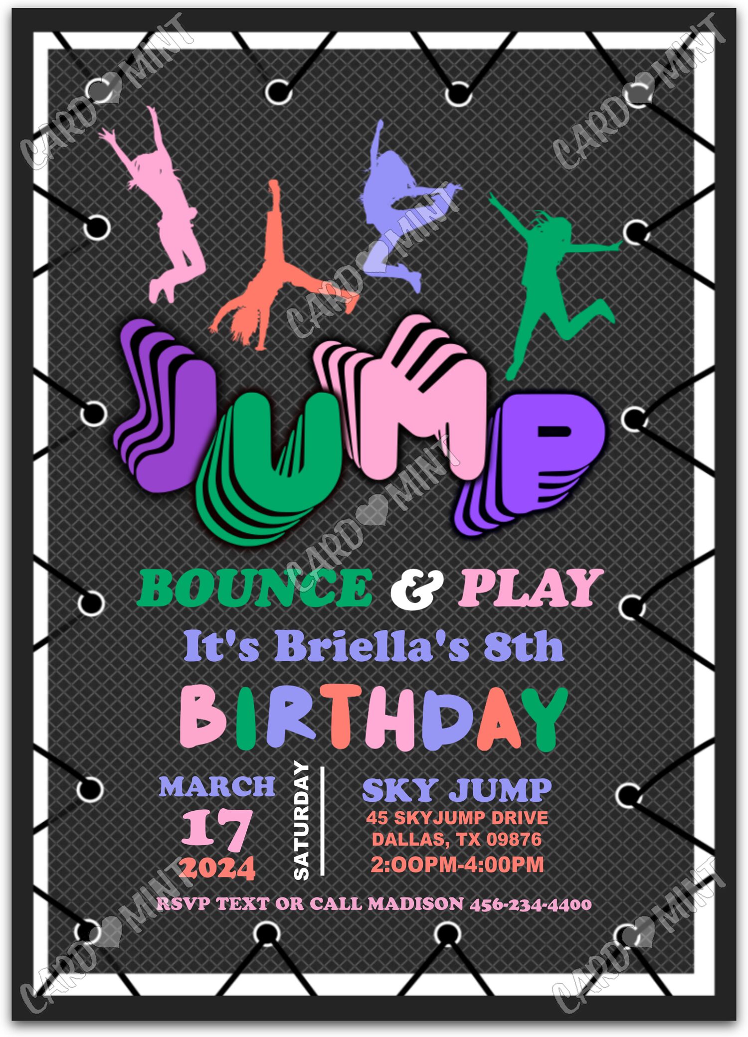 Editable Bounce & Play black trampoline girl Birthday Party Invitation EV1175