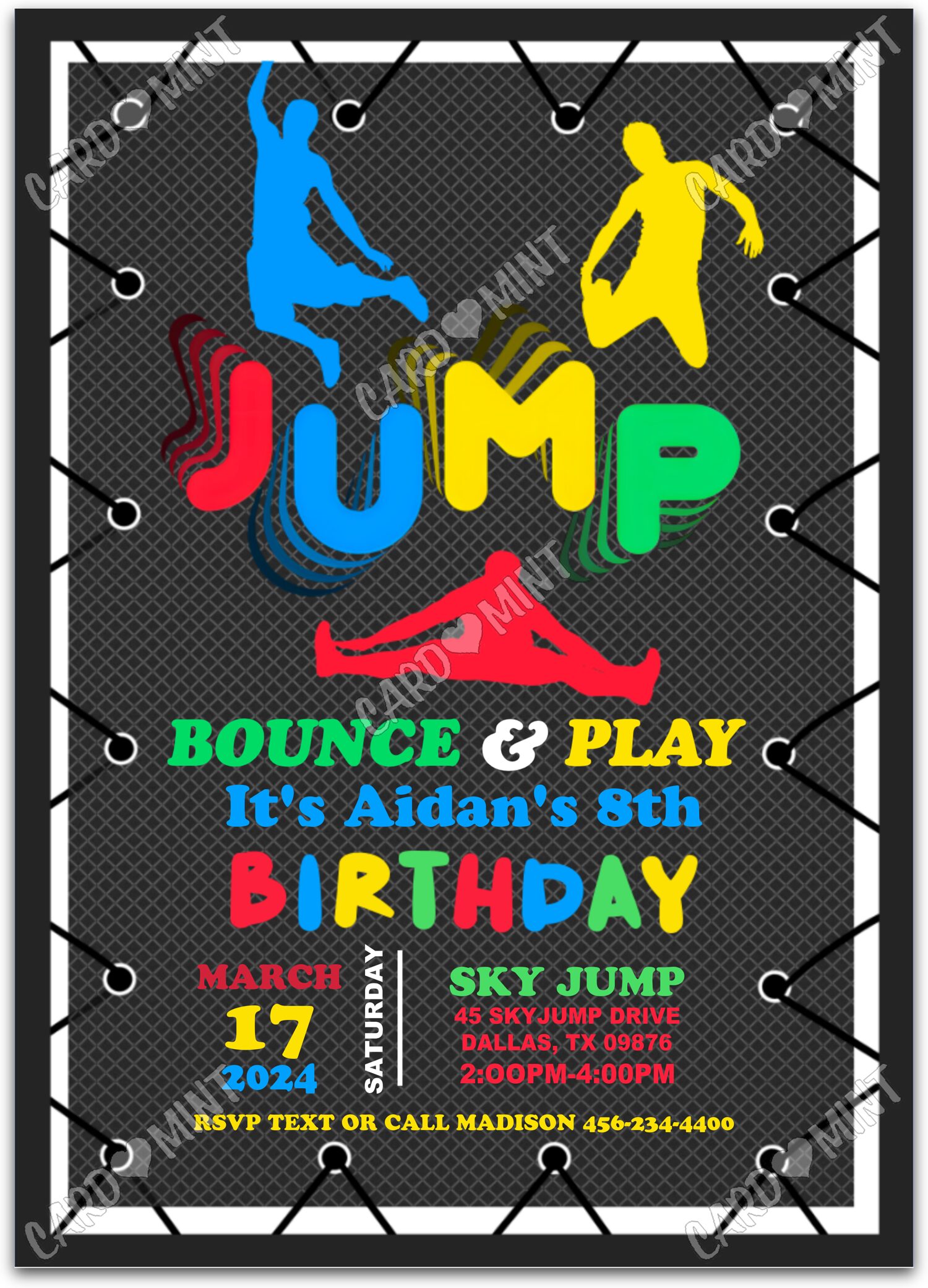 Editable Bounce & Play colorful trampoline boy Fête d'Anniversaire Invitation EV1176