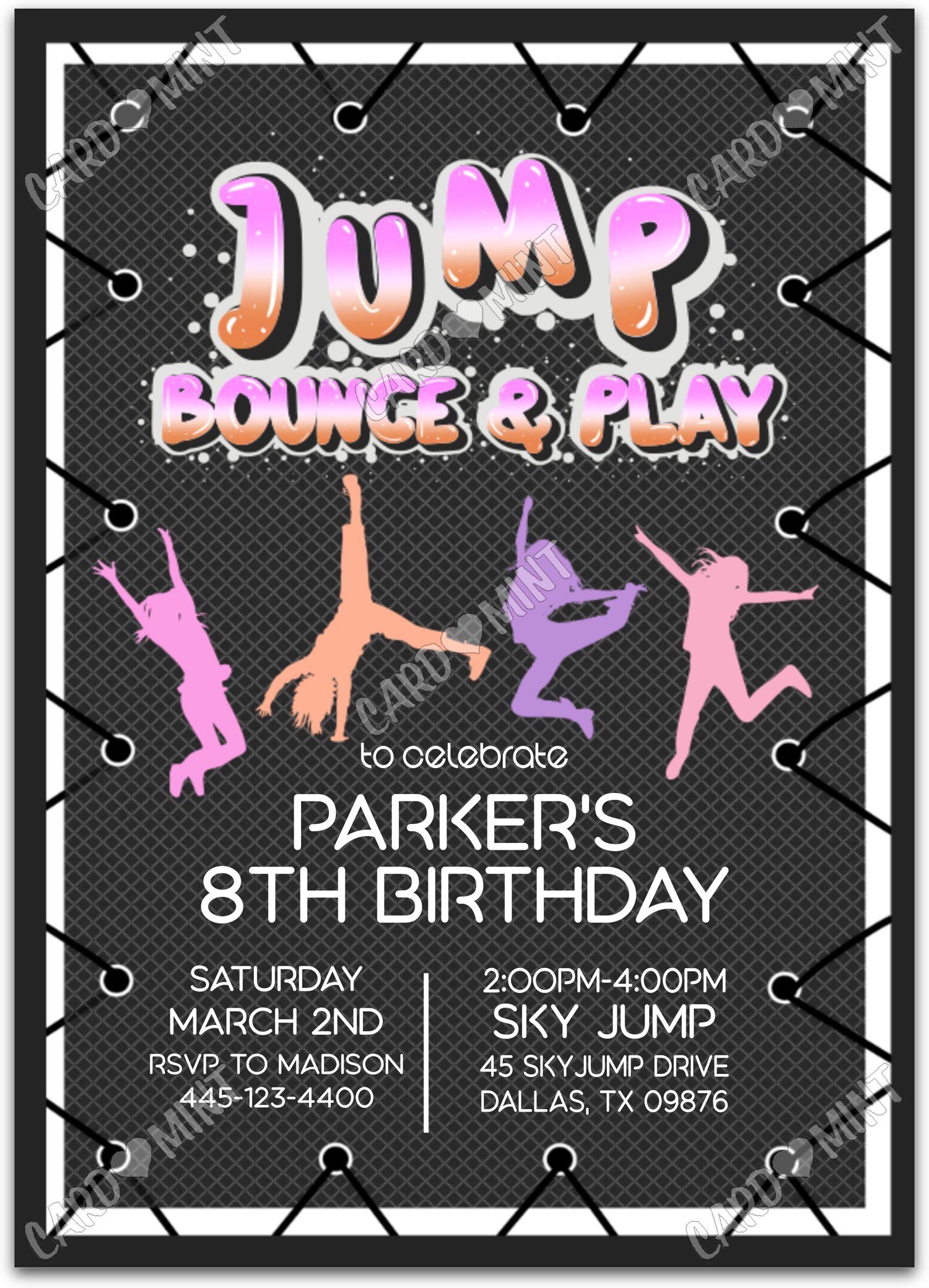 Editable Bounce & Play neon pink trampoline girl Birthday Party Invitation EV1177