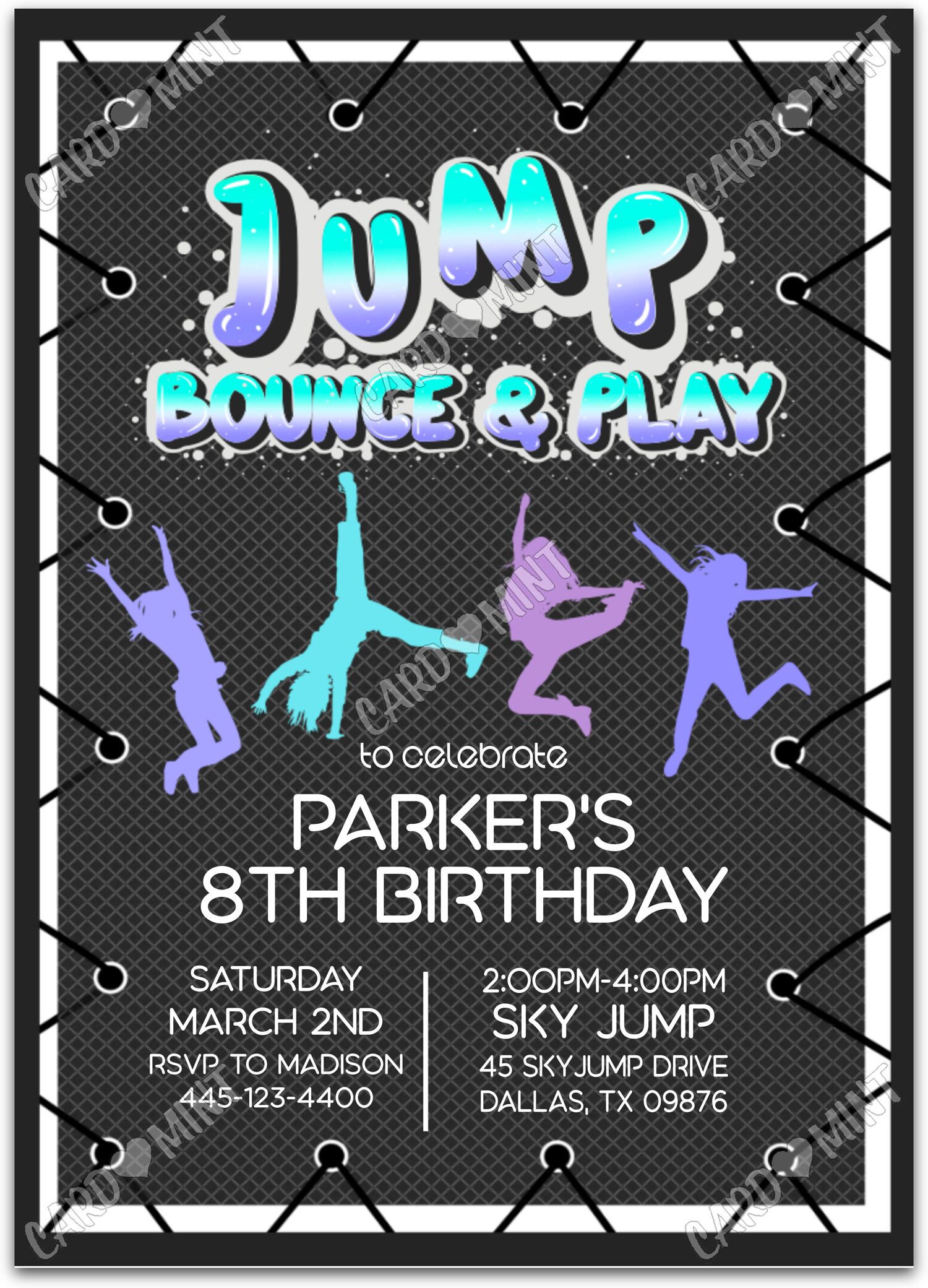 Editable Bounce & Play neon blue trampoline girl Birthday Party Invitation EV1178