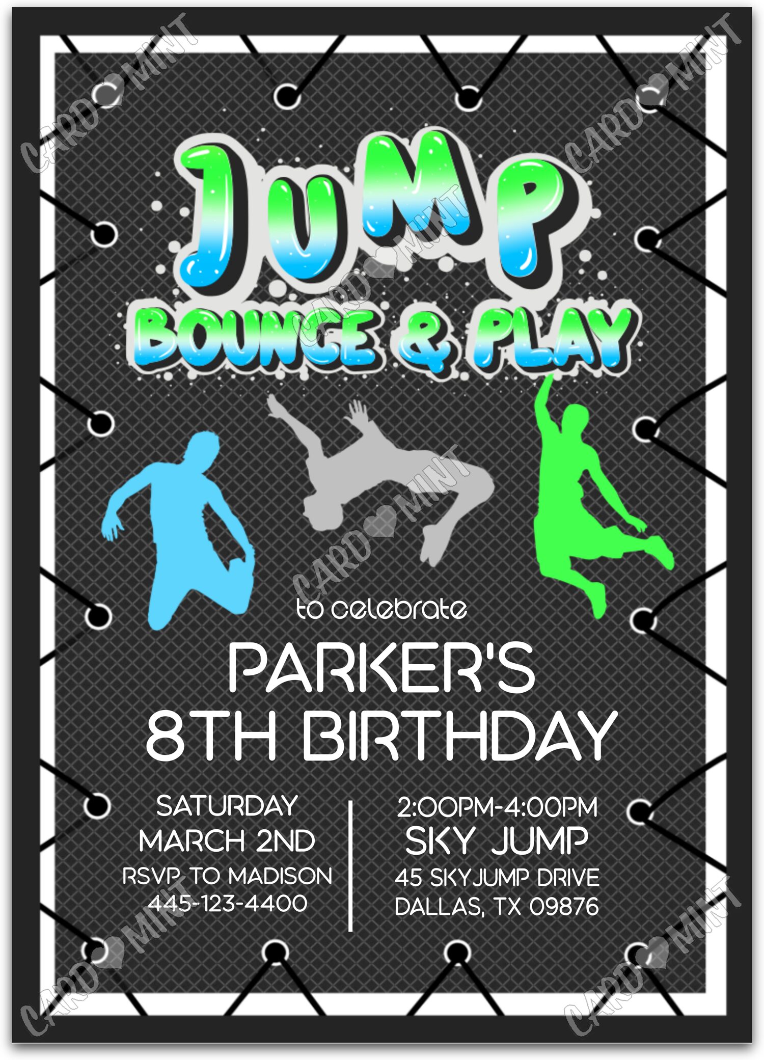 Editable Bounce & Play neon green trampoline boy Birthday Party Invitation EV1179