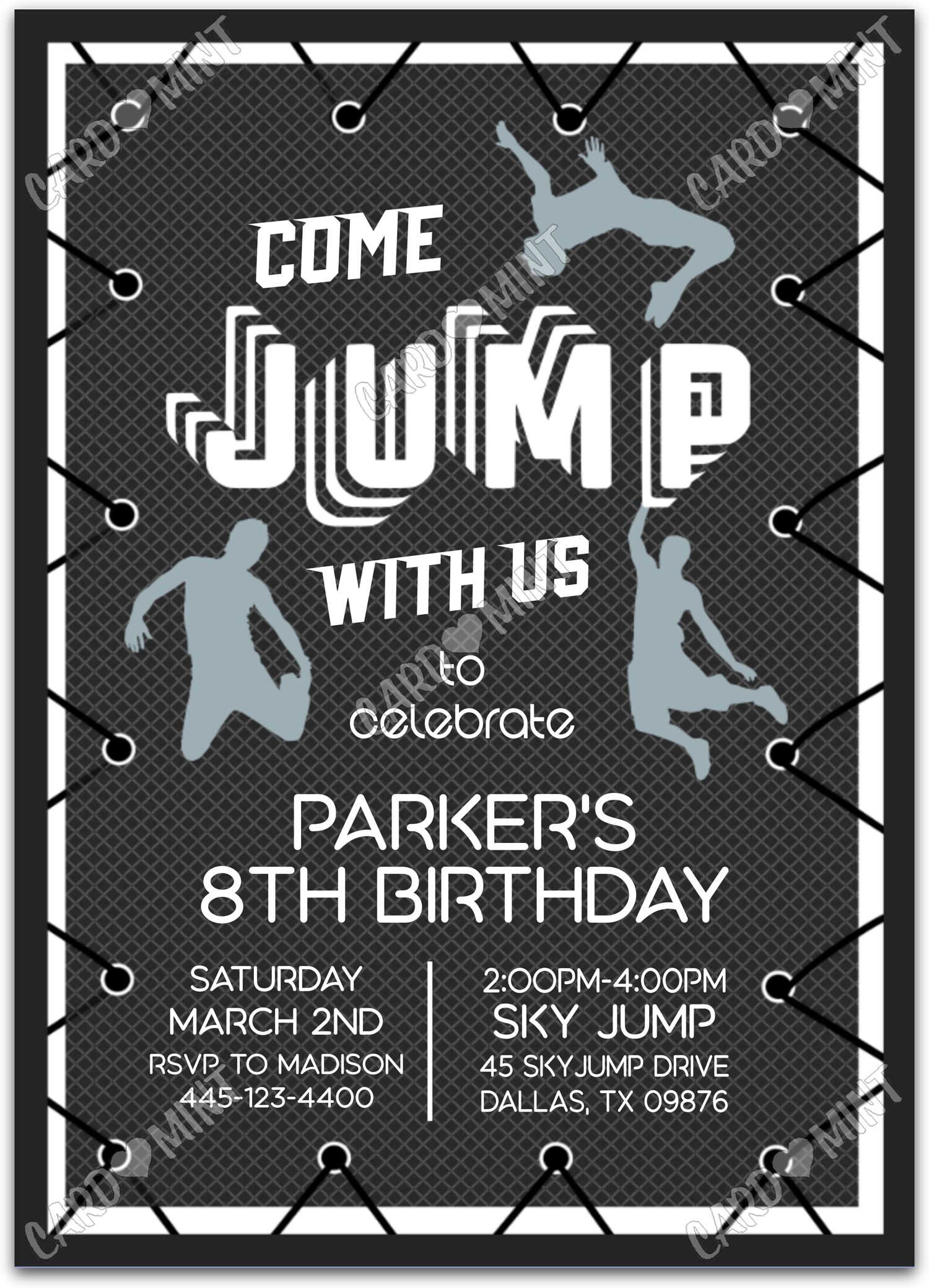 Editable Come Jump With Us black trampoline boy Birthday Party Invitation EV1180